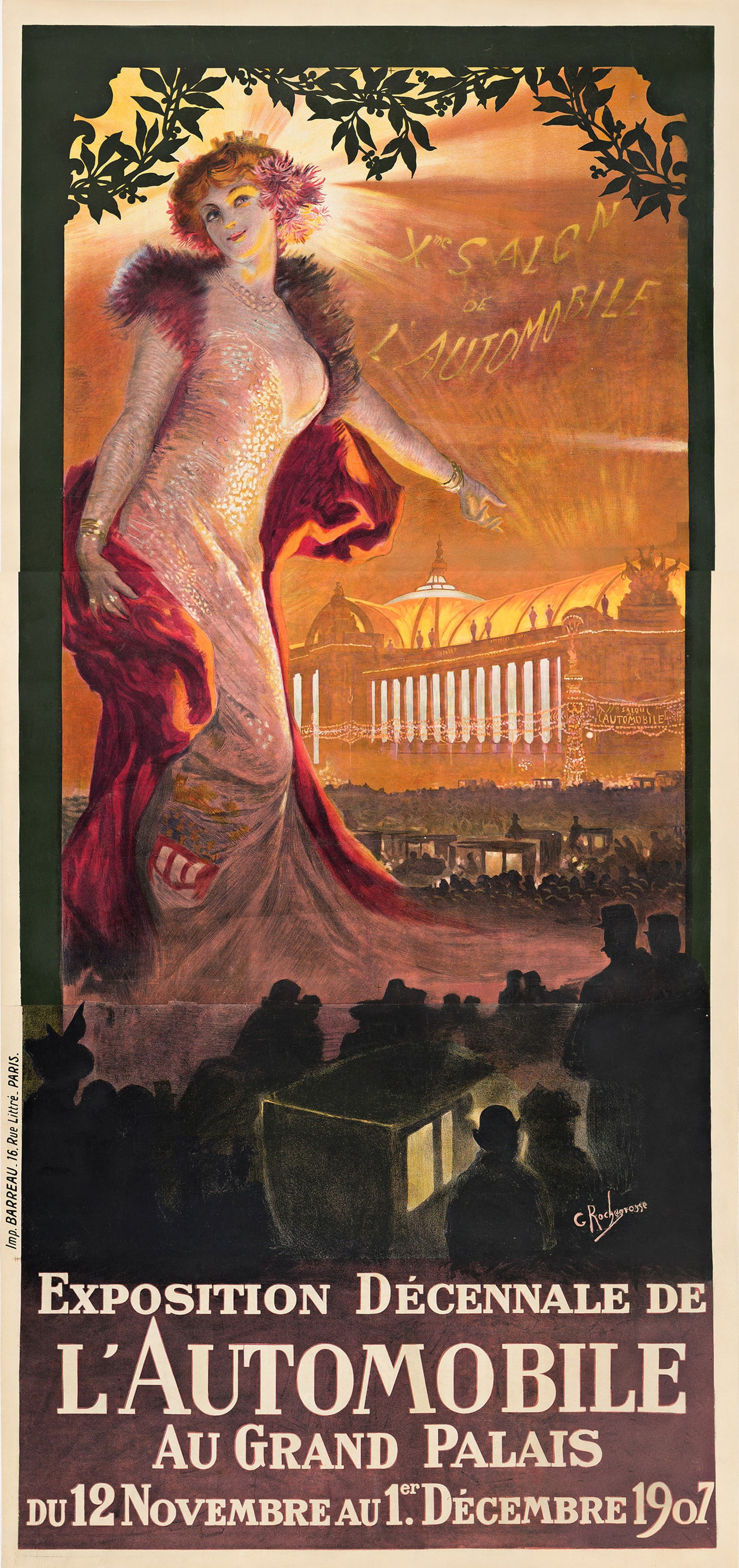 Georges Rochegrosse, Exposition Décennale de L'Automobile au Grand Palais. 1907.: Georges Rochegrosse1859-1938Exposition Décennale de L'Automobile au Grand Palais. 1907.Condition B+: repaired tears at edges; extensive creasing and minor overpainting in image; creases, abrasion
