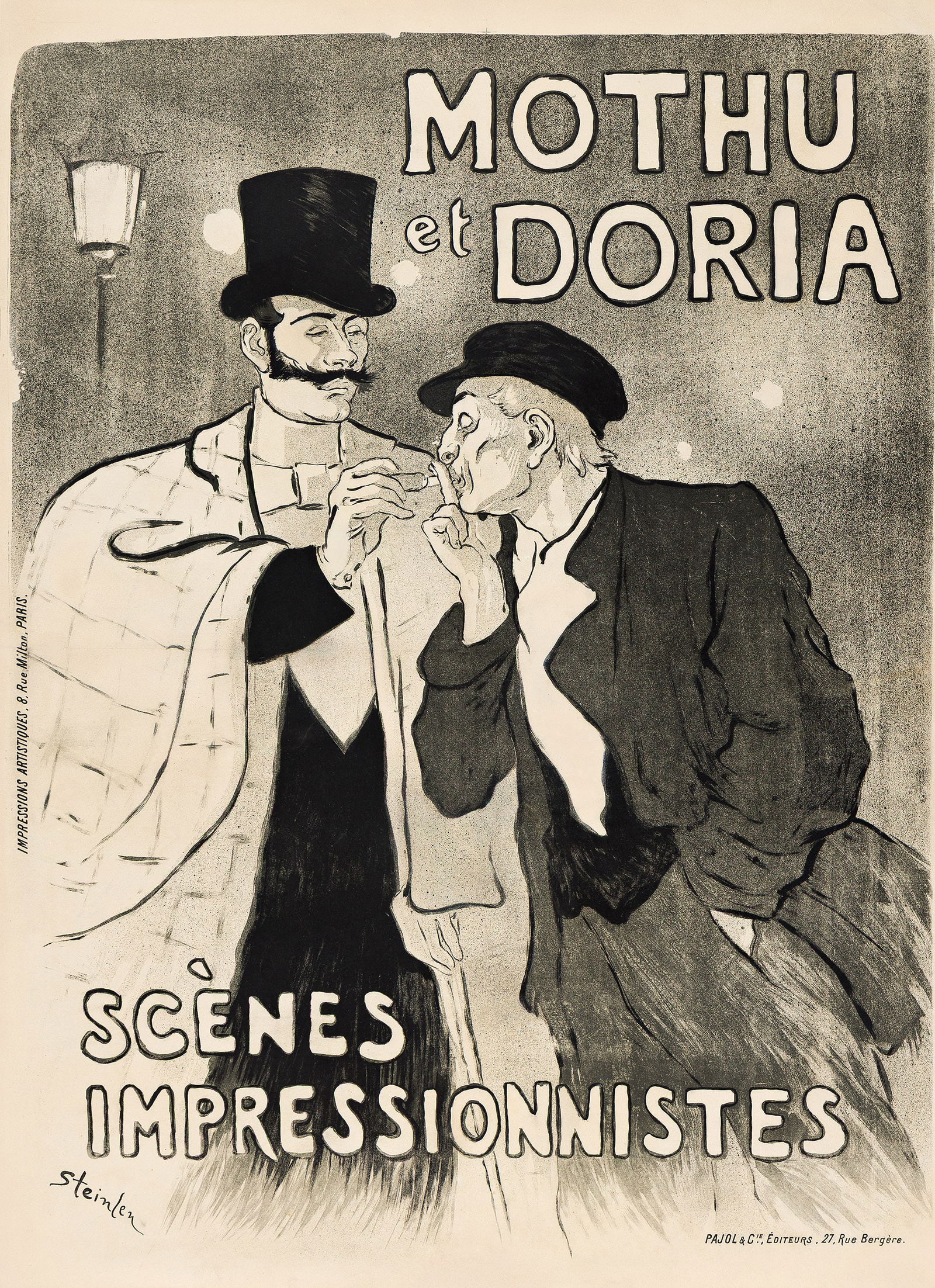 Théophile Alexandre Steinlen, Mothu et Doria. 1893.: Théophile Alexandre Steinlen1859-1923Mothu et Doria. 1893.Condition A-: fold in top right corner; creases and overpainting in image and along horizontal and vertical folds."Mothu and Doria were p