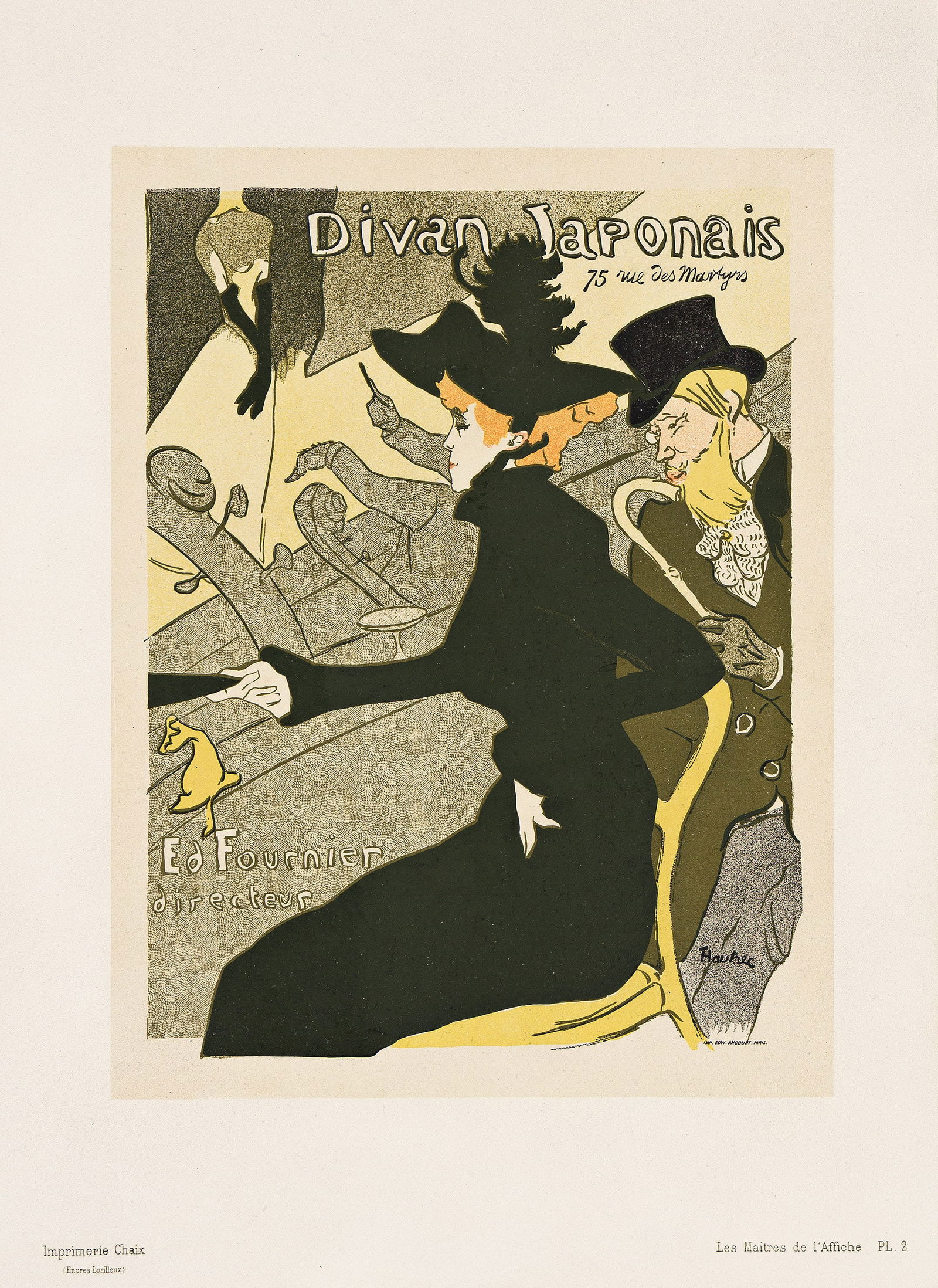 Henri de Toulouse-Lautrec, Divan Japonais. Maitres de l'Affiche pl. 2. 1896.: Henri de Toulouse-Lautrec1864-1901Divan Japonais. Maitres de l'Affiche pl. 2. 1896.Condition A-: expert airbrushing in margins and around printer's text.15¾x11½ inches, 40x29¾ cm. Chaix