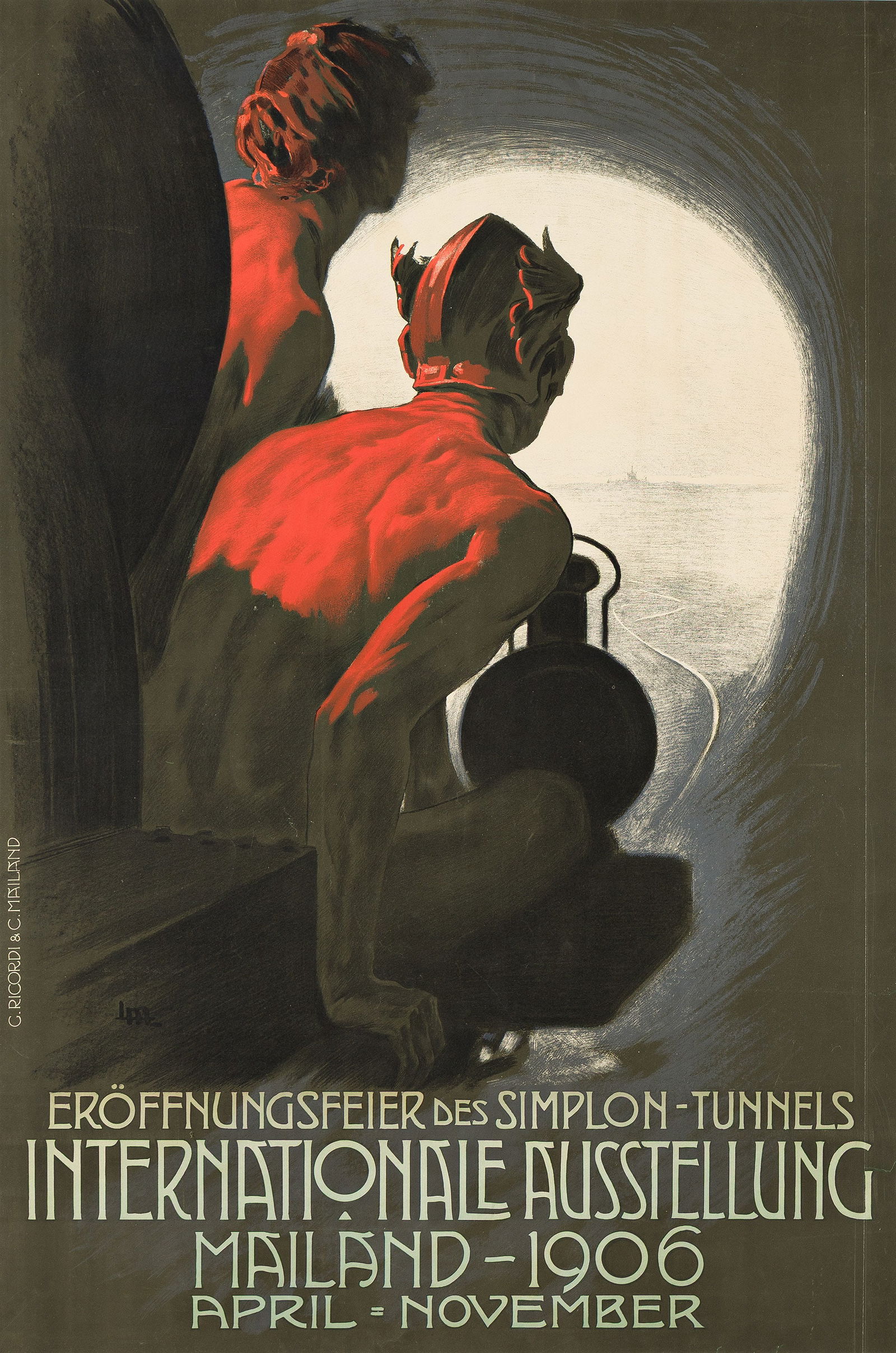 Leopoldo Metlicovitz, Internationale Ausstellung / Mailand. 1906.: Leopoldo Metlicovitz1868-1944Internationale Ausstellung / Mailand. 1906.Condition A-: creases and repaired tears at edges. Framed.A student under Hohenstein at the Ricordi Studios, Metlicovitz quickly