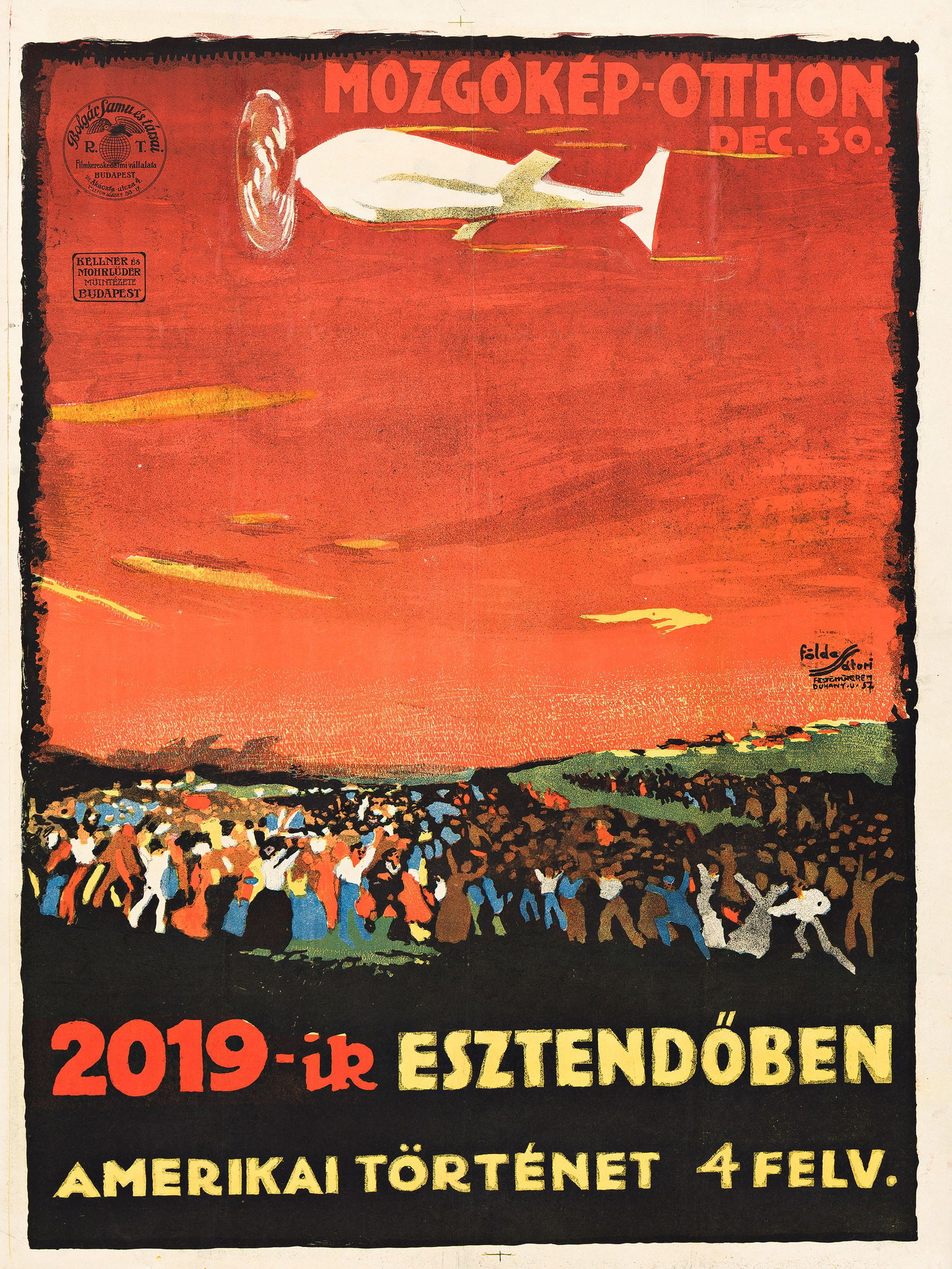 Imre Földes & Lipot Satori, [The Flying Torpedo]. 1916.: Imre Földes & Lipot Satori1881-1948 & 1899-1943[The Flying Torpedo]. 1916.Condition A-: minor creases and restoration in margins and along vertical and horizontal folds.A futuristic film about an