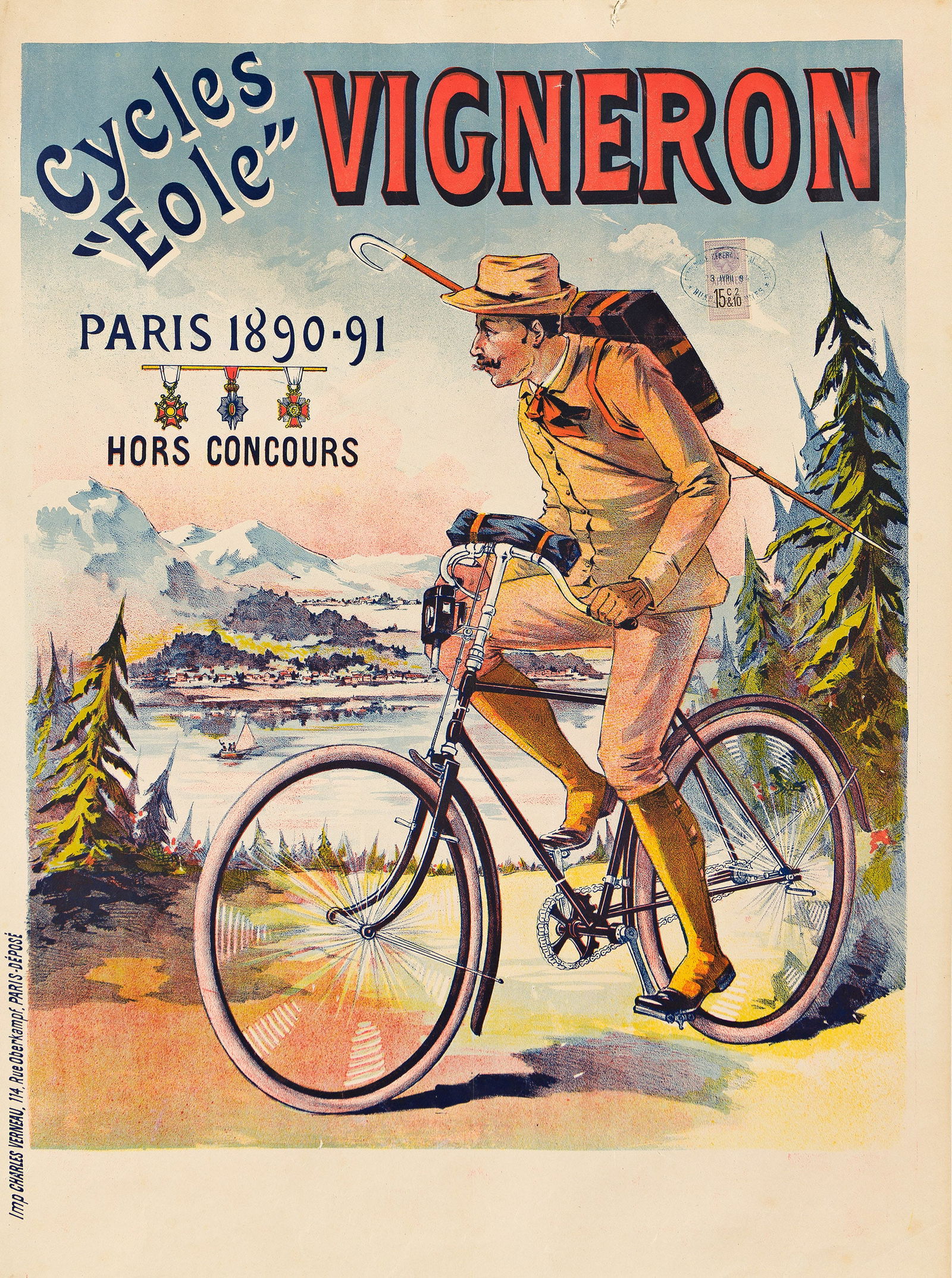 Designer Unknown, Cycles "Eole" Vigneron. Circa 1890s.: Designer UnknownCycles "Eole" Vigneron. Circa 1890s.Condition A- / B+: Minor repaired tears and slight staining in margins; minor scratches and abrasions in margins and image; ink and paper stamps in