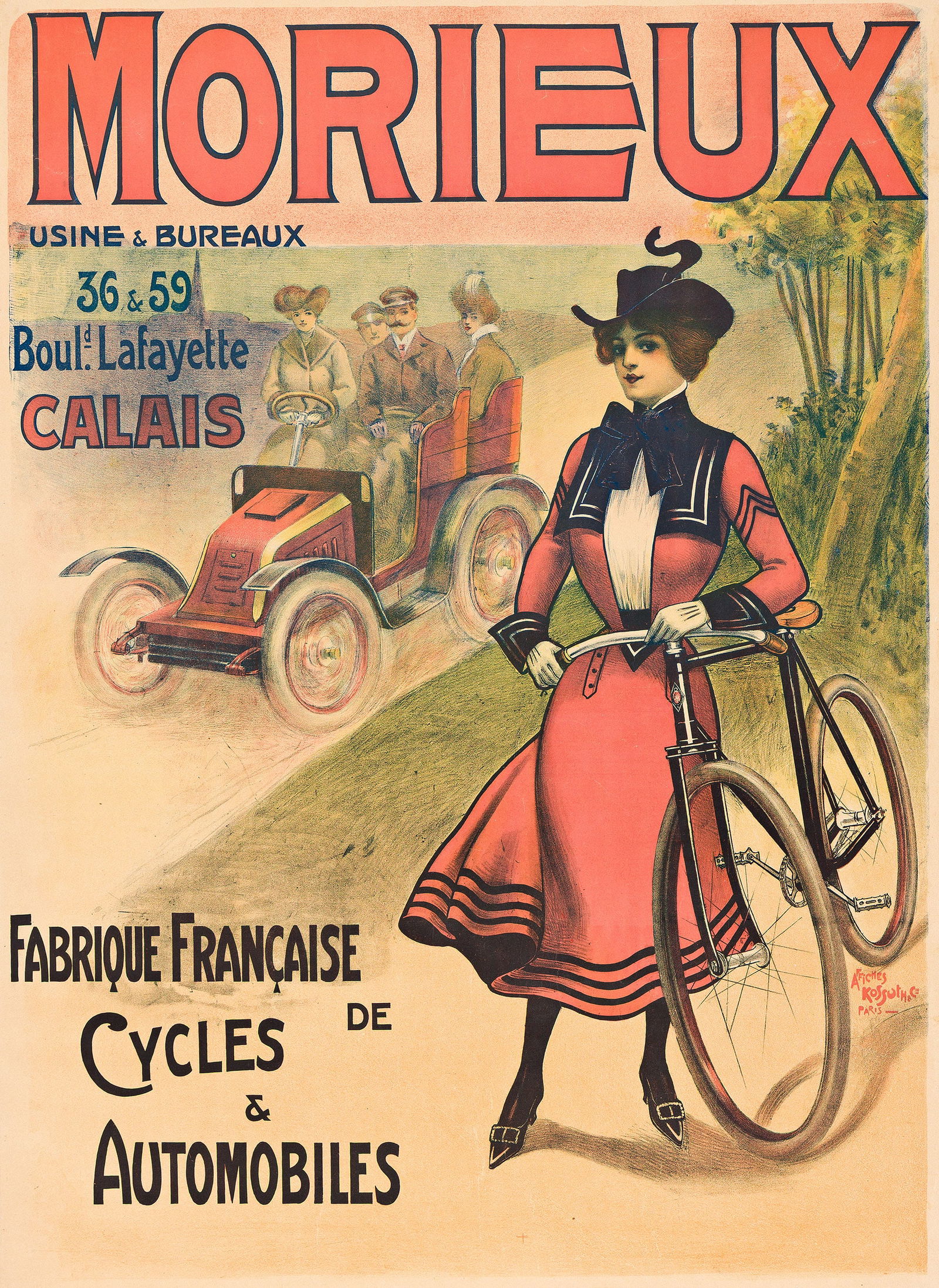 Designer Unknown, Morieux / Cycles & Automobiles. Circa 1900.: Designer UnknownMorieux / Cycles & Automobiles. Circa 1900.Condition B+ / A-: minor losses and repaired tears at edges; creases, abrasions and attenuated reds.50x36 inches, 127x91½ cm. Affiches K