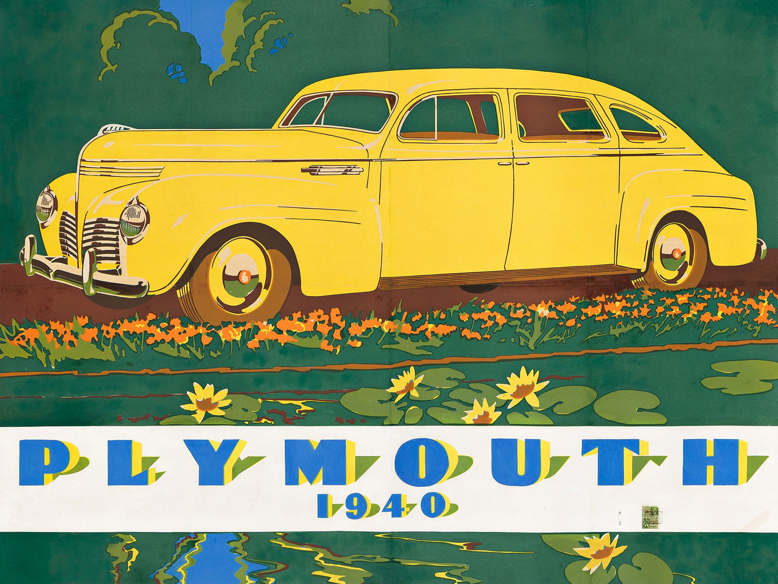 Designer Unknown, Plymouth. 1940.: Designer UnknownPlymouth. 1940.Condition B+ / B: repaired tears, restored losses, abrasions and overpainting at edges, in image, and along vertical and horizontal folds; foxing and repaired pin holes