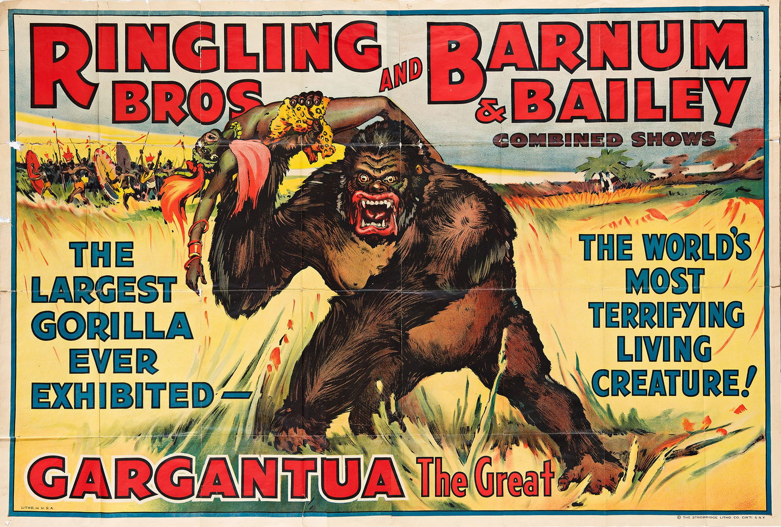 Howard Sharp, Gargantua The Great. Billboard poster. Circa 1938.: Howard Sharp1878-1952Gargantua The Great / Ringling Bros and Barnum & Bailey. Billboard poster. Circa 1938.Condition B: losses, extensive tears, repaired tears in margins and along sharp vertical and