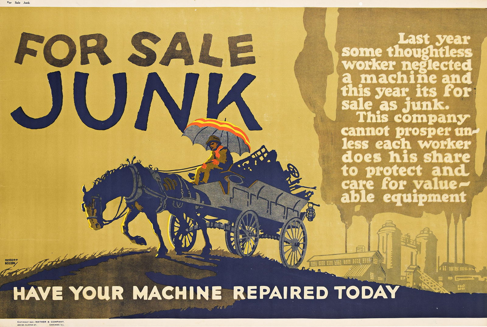 Robert Beebe, For Sale Junk / Have Your Machine Repaired Today. 1923.: Robert Beebe1891-1966For Sale Junk / Have Your Machine Repaired Today. 1923.Condition A-: minor repaired tears and restoration at edges; minor creases in image; one punch hole in top margin.27¾x4