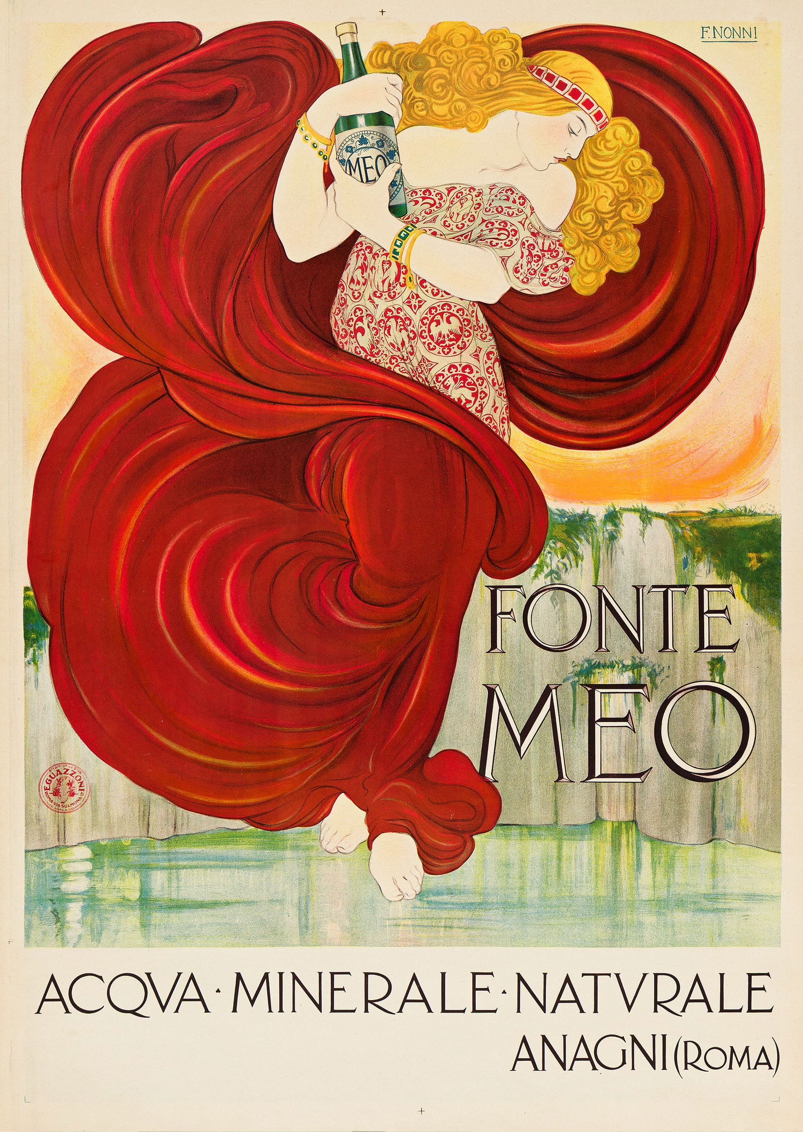 Francesco Nonni, Fonte Meo / Acqua Minerale Naturale. 1924.: Francesco Nonni1885-1964Fonte Meo / Acqua Minerale Naturale. 1924.Condition A: linen trimmed to edges.Seemingly walking on water, an elegant woman with voluminous red hair and an equally dramatic robe