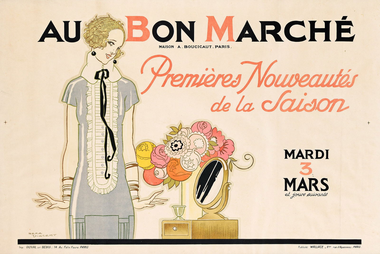 René Vincent, Au Bon Marché. 1920s.: René Vincent1879-1936Au Bon Marché. 1920s.Condition B+: creases and slight foxing at edges and in image; minor repaired tears at edges. Framed.35½x53½ inches, 90¼x135¾ cm