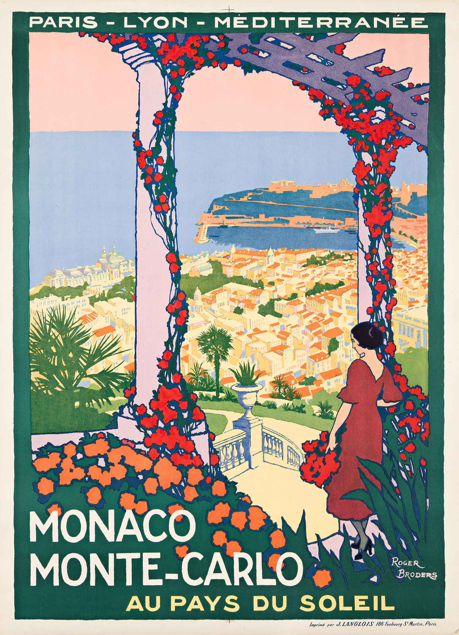 Roger Broders, Monaco / Monte - Carlo. Circa 1920.: Roger Broders1883-1953Monaco / Monte - Carlo. Circa 1920.Condition A-: minor staining and abrasions at top and bottom right corners; creases in image.This is Broders' first poster for the Cote d'Azur.