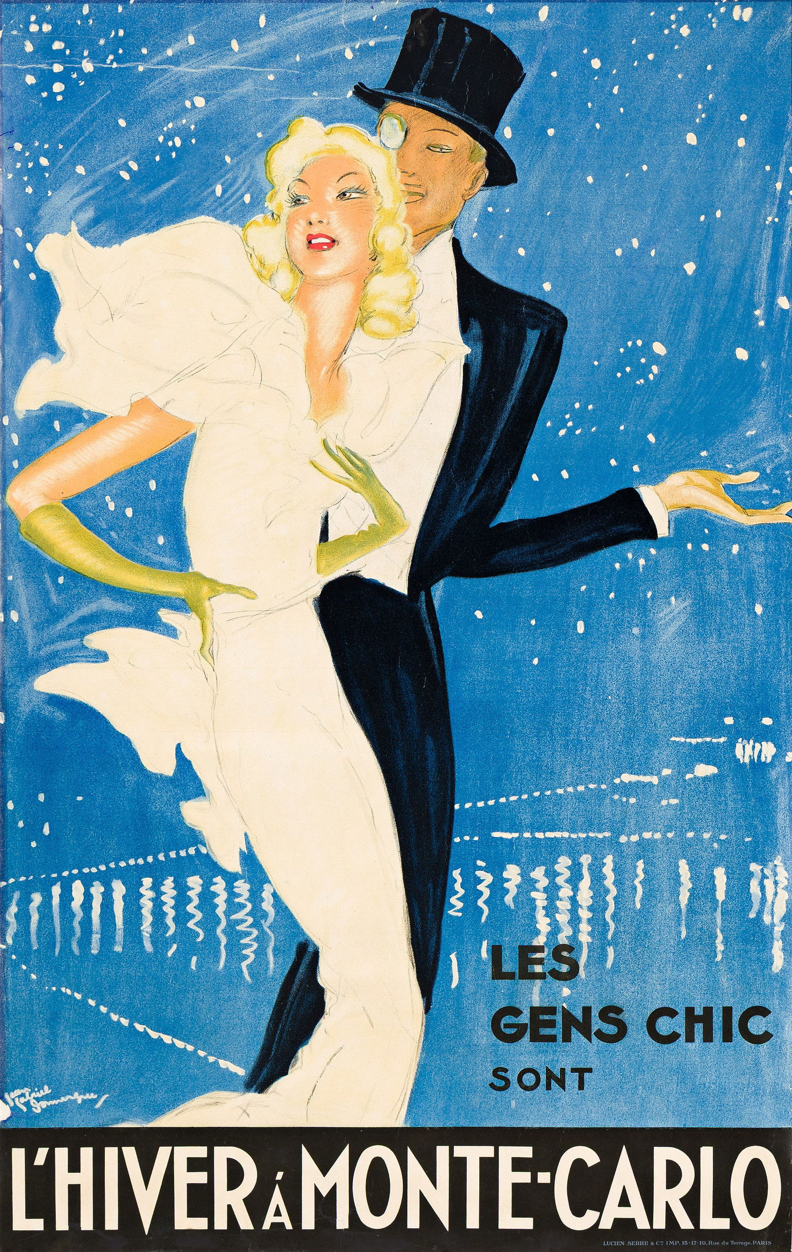 Jean-Gabriel Domergue, L'Hiver Á Monte Carlo. 1937.: Jean-Gabriel Domergue1889-1962L'Hiver Á Monte Carlo. 1937.Condition B+: loss at bottom left edge; repaired tears, creases and abrasions at edges and in image; printer's creases at top; time-stain