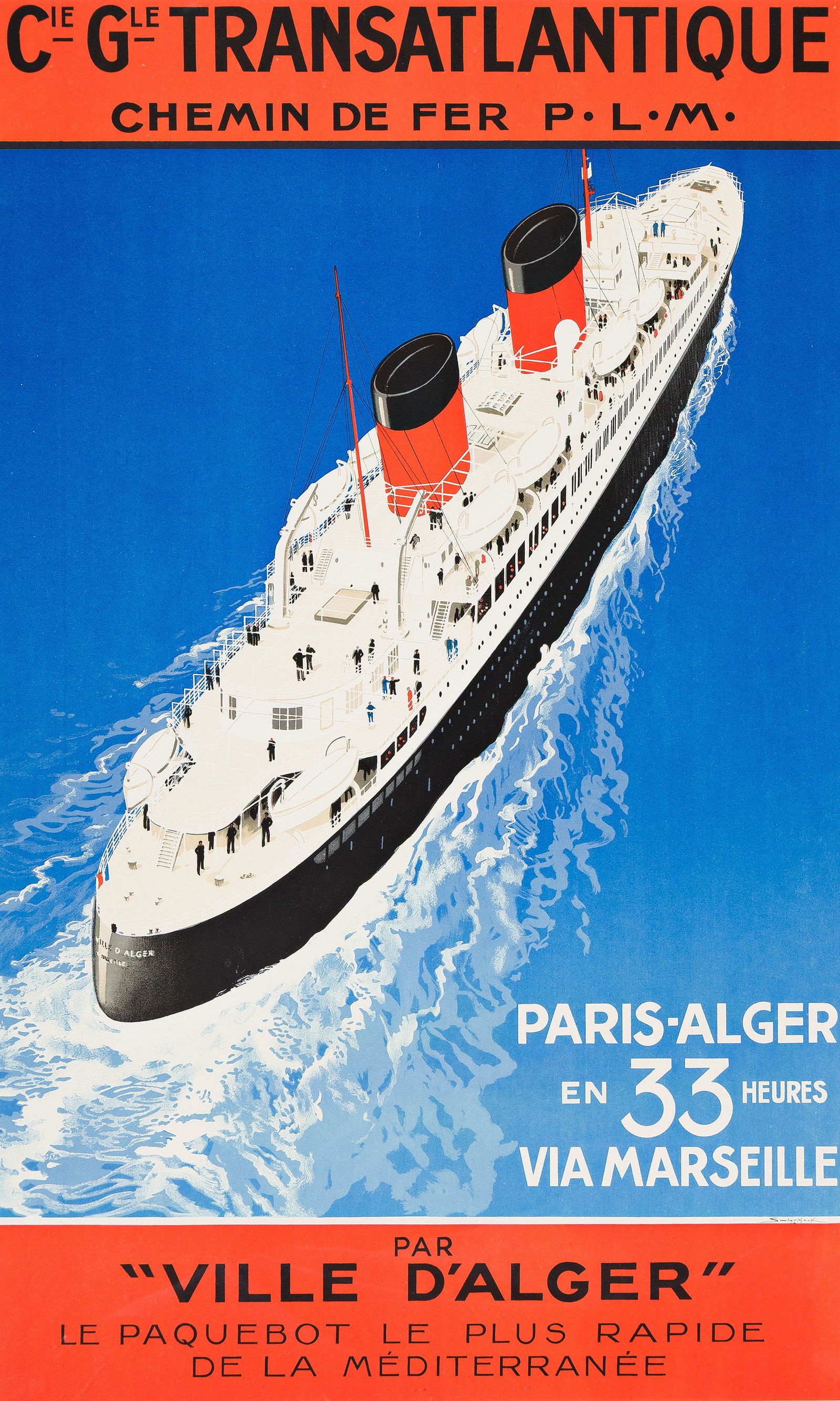 Sandy Hook (Georges Taboureau), Cie Gle Transatlantique. Circa 1937.: Sandy Hook (Georges Taboureau)1879-1960Cie Gle Transatlantique. Circa 1937.Condition A-: minor creases and paper abrasion in bottom margin; creases in margins. Framed.A bird's-eye view of The Ville D'