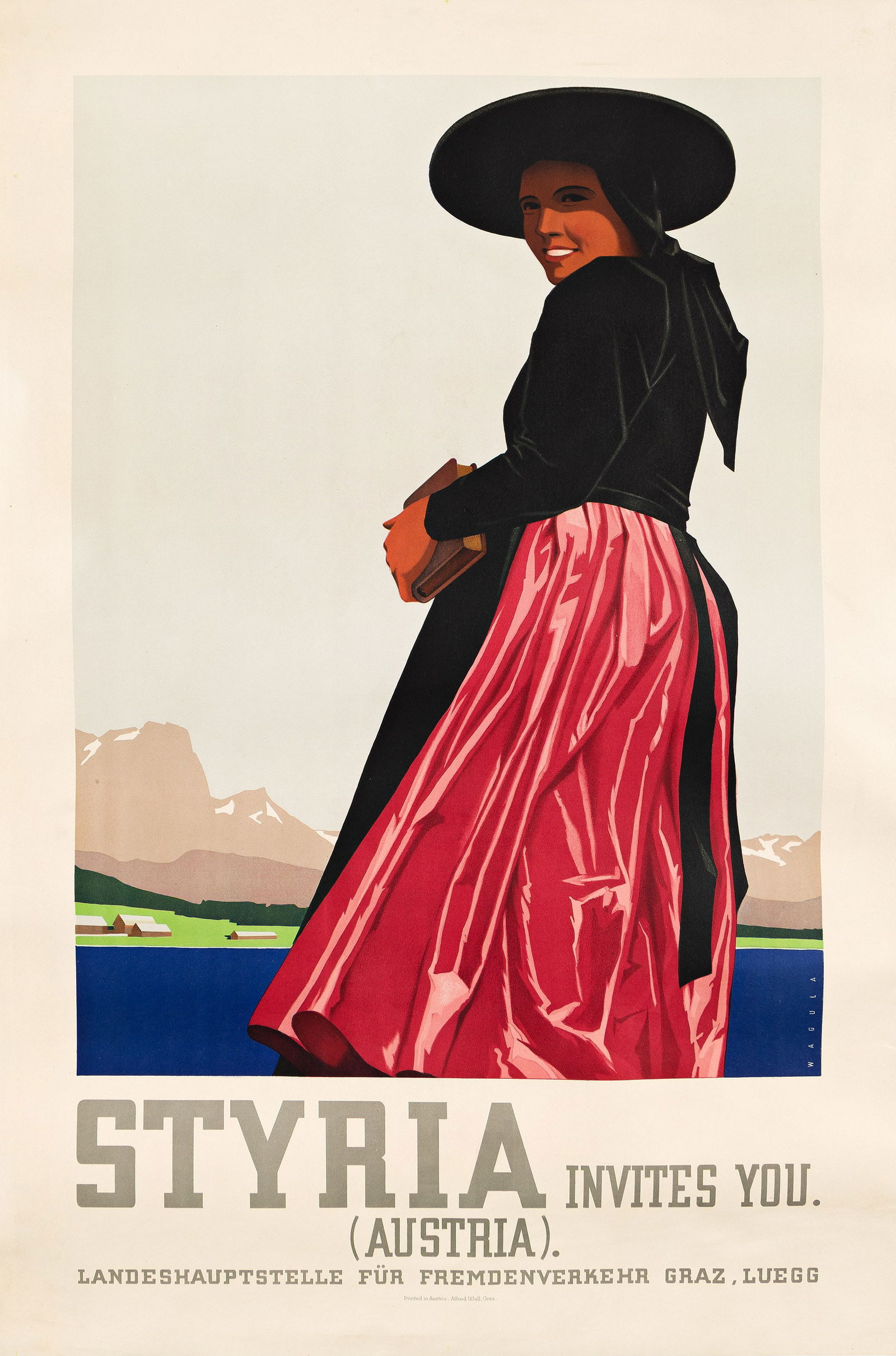 Hans Wagula, Styria Invites You. (Austria). Circa 1930.: Hans Wagula1894-1964Styria Invites You. (Austria). Circa 1930.Condition A-: minor repaired tears and creases at edges; repaired pin holes in corners.This is the English version.37¼x24¾ inche