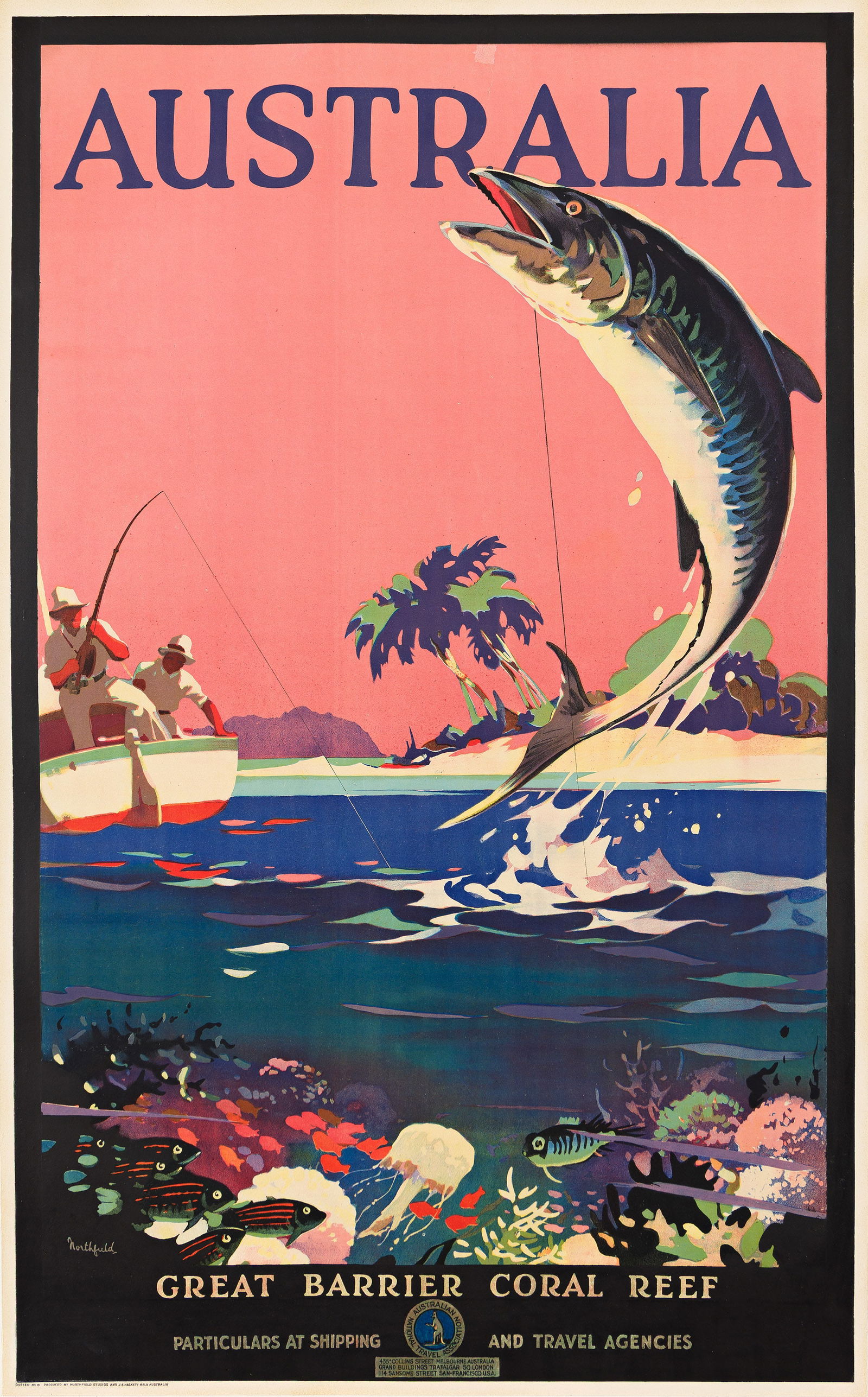 James Northfield, Australia / Great Barrier Coral Reef. Circa 1935.: James Northfield1887-1973Australia / Great Barrier Coral Reef. Circa 1935.Condition B+: partially-replaced and expertly-overpainted margins; overpainting in lower text and over tape mark at top; repai