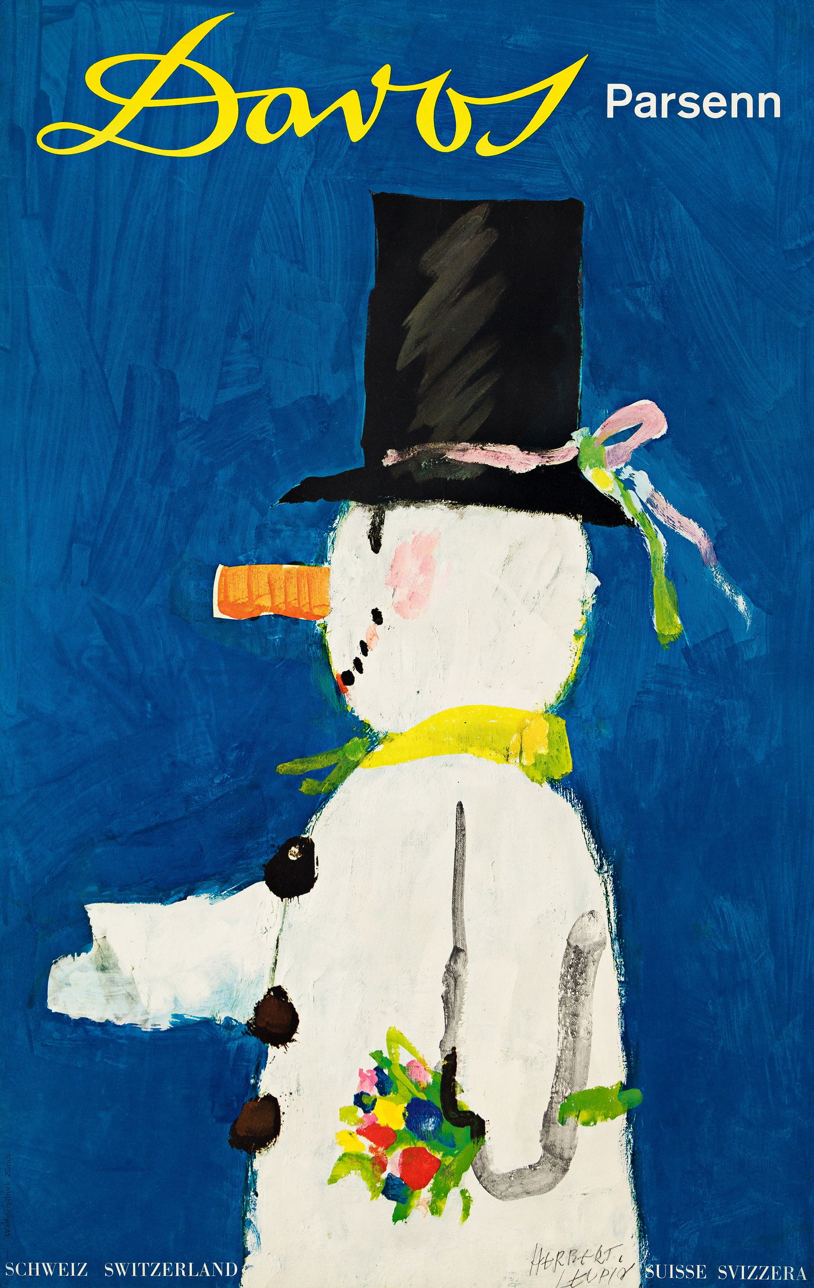 Herbert Leupin, Davos Parsenn. 1956.: Herbert Leupin1916-1999Davos Parsenn. 1956.Condition A-: creases at edges and in image, some with slight overpainting; minor repaired tears at edges.40¼x25½ inches, 102½x65 cm. Wolfsber