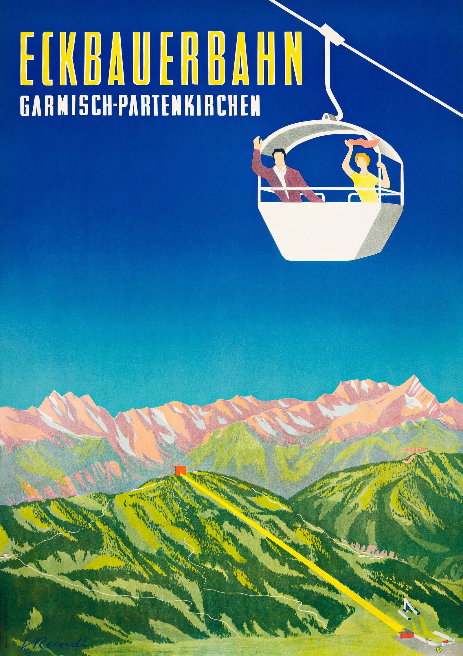 Reindl, Eckbauerbahn / Garmisch - Partenkirchen. Circa 1950.: ReindlDates UnknownEckbauerbahn / Garmisch - Partenkirchen. Circa 1950.Condition A-: expert restoration at edges and upper image; restoration along crease in upper left corner and along vertical and h