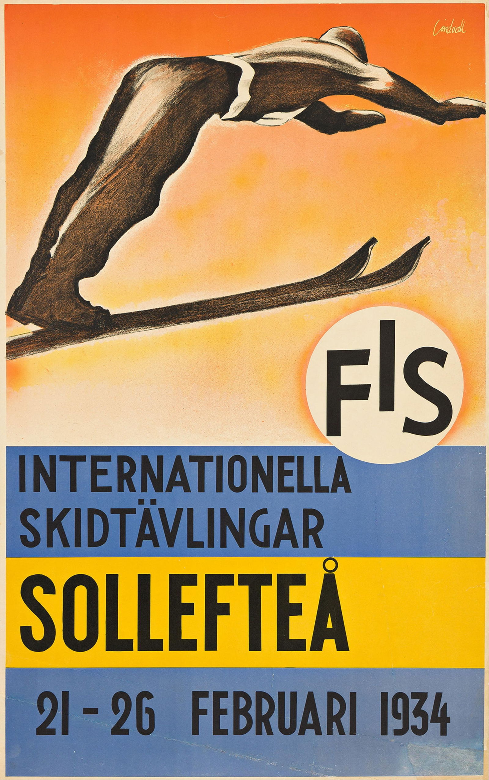 Lindvall, Internationella Skidtavlingar / Solleftea. 1934.: LindvallDates UnknownInternationella Skidtavlingar / Solleftea. 1934.Condition B+: replaced and overpainted loss in bottom right corner and image; restoration along repaired tears, creases and abrasio