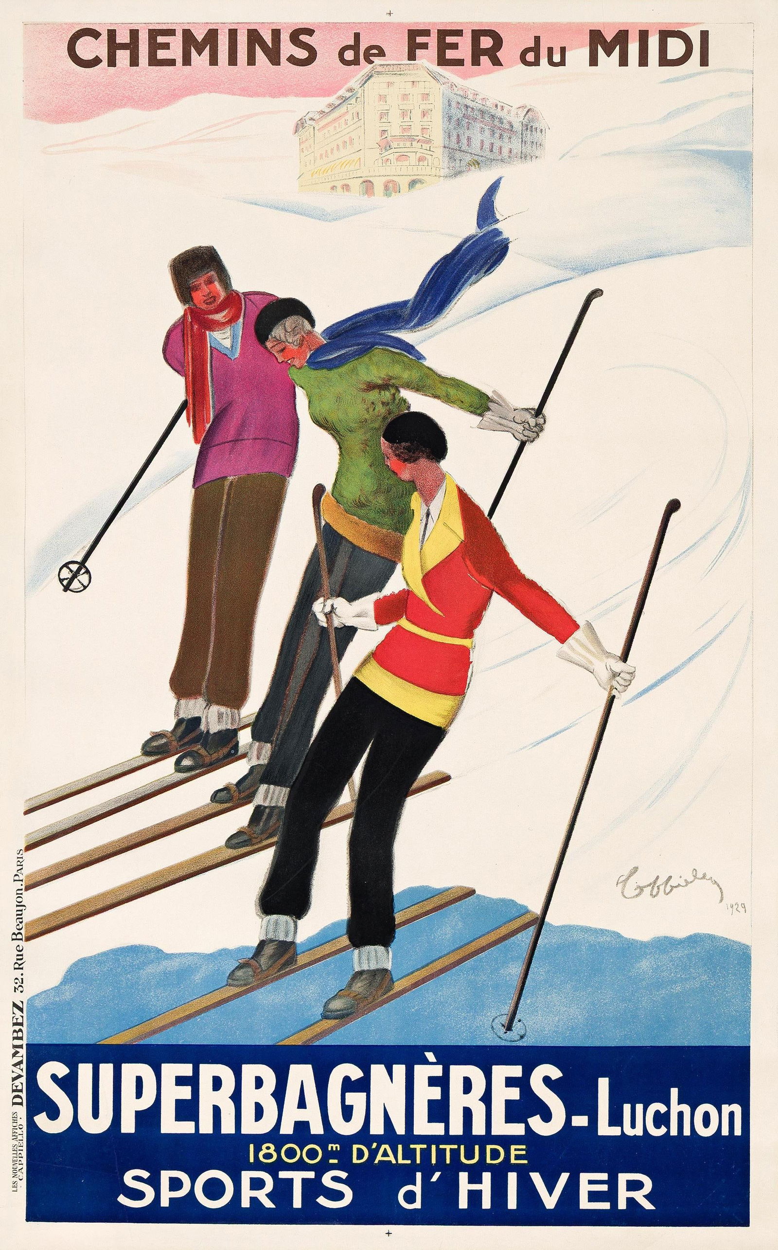 Leonetto Cappiello, Superbagnères - Luchon / Sports D'Hiver. 1929.: Leonetto Cappiello1875-1942Superbagnères - Luchon / Sports D'Hiver. 1929.Condition B+: replaced losses in top corners; expertly-replaced tears in margin, some into text and image.A standout piece