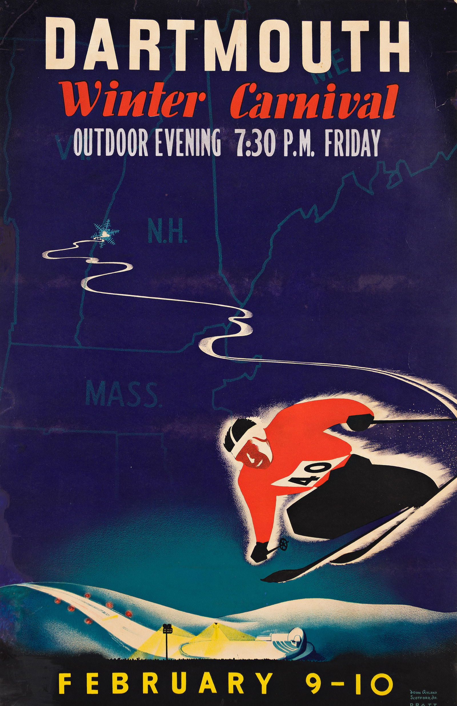 John Ryland Scotford, Jr., Dartmouth Winter Carnival. 1940.: John Ryland Scotford, Jr.1916-2000Dartmouth Winter Carnival. 1940.Condition B / B+: horizontal discoloration and minor creases in image; extensive replaced and overpainted loss in lower left corner, i