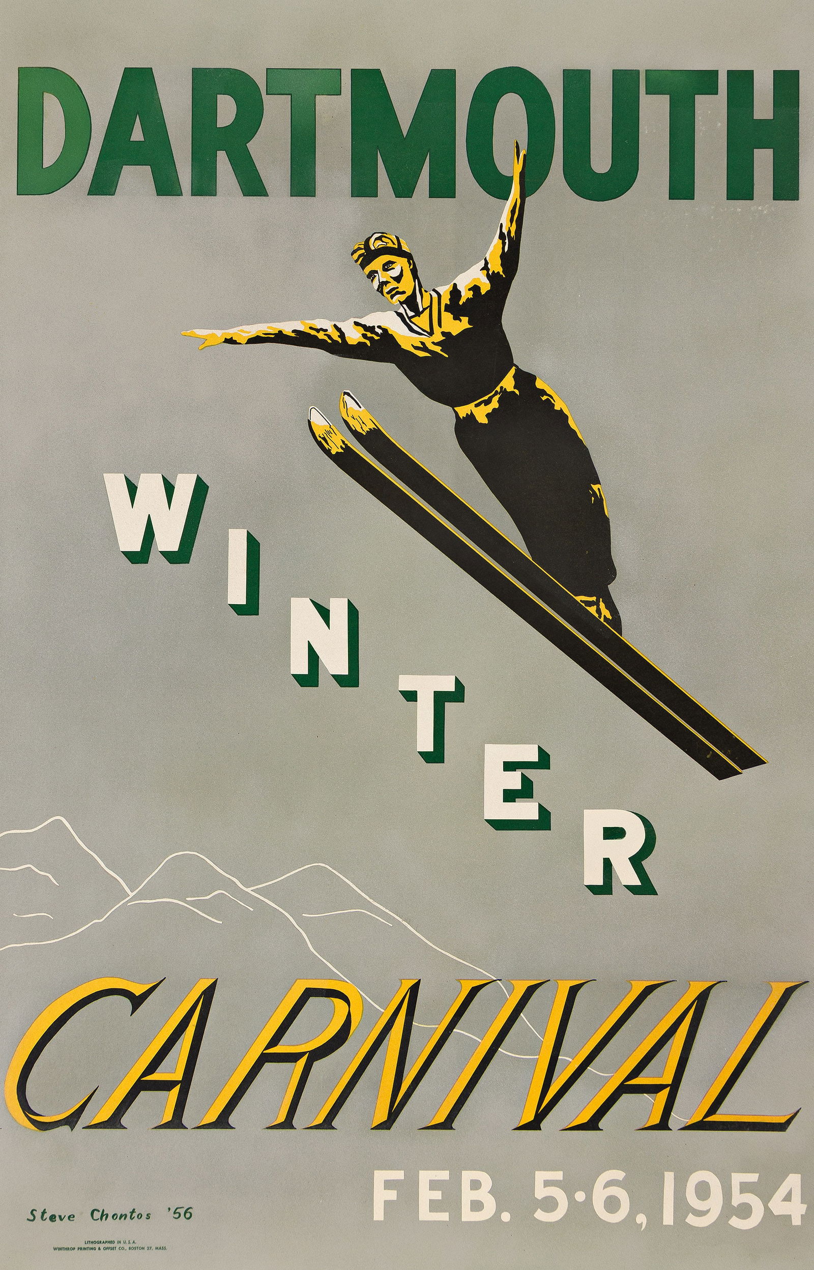 Steve Chontos, Dartmouth Winter Carnival. 1956.: Stephen G. ChontosDates UnknownDartmouth Winter Carnival. 1954.Condition B+: expertly-repaired tear at right edge, into image; expert overpainting at edges and lower text; minor bleach spots in upper