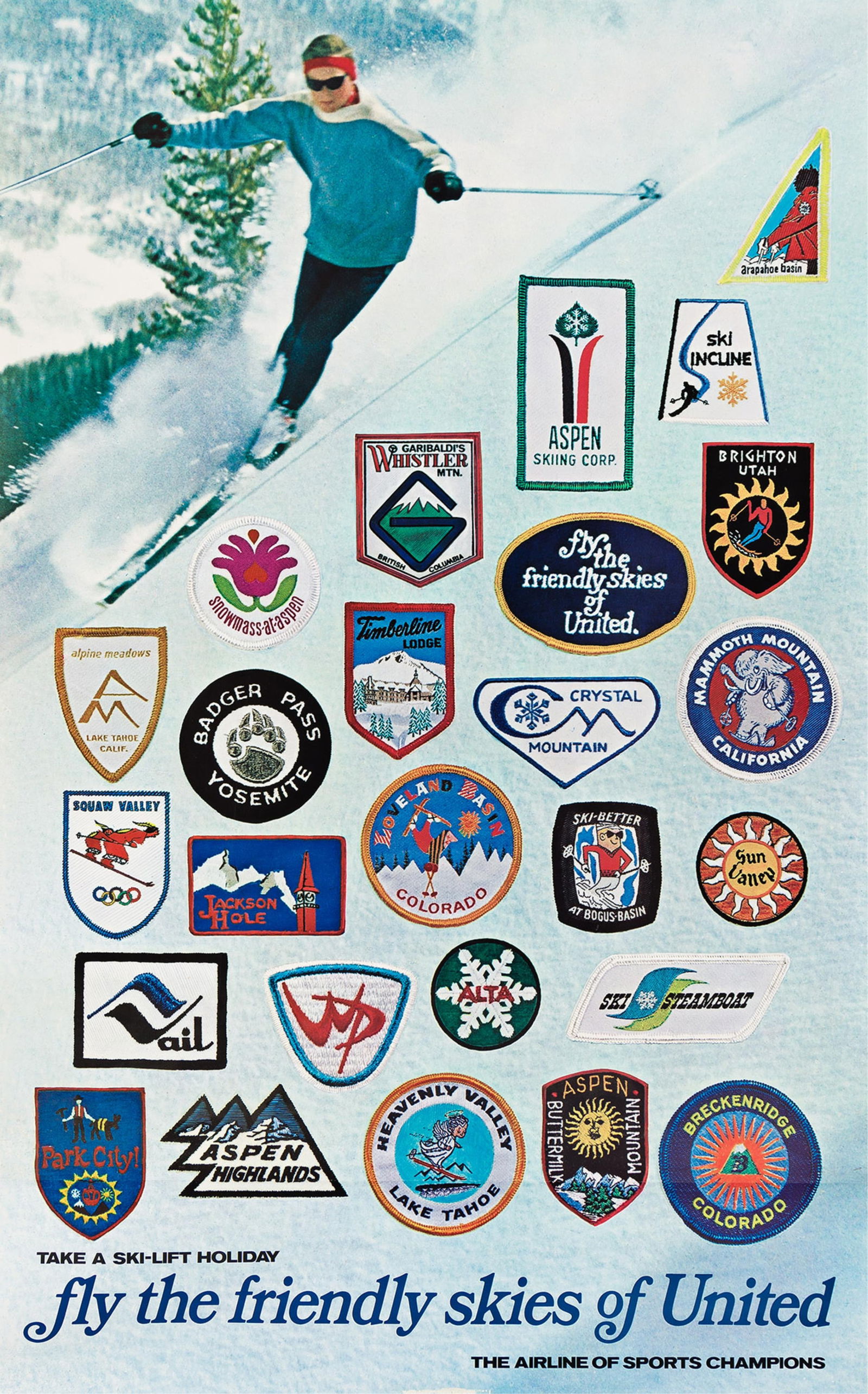 Designer Unknown, Fly the Friendly Skies of United / Take a Ski - Lift Holiday. Circa 1968.: Designer UnknownFly the Friendly Skies of United / Take a Ski - Lift Holiday. Circa 1968.Condition A-: sharp horizontal fold across lower image; skinning from tape removal at bottom edge. Paper.40