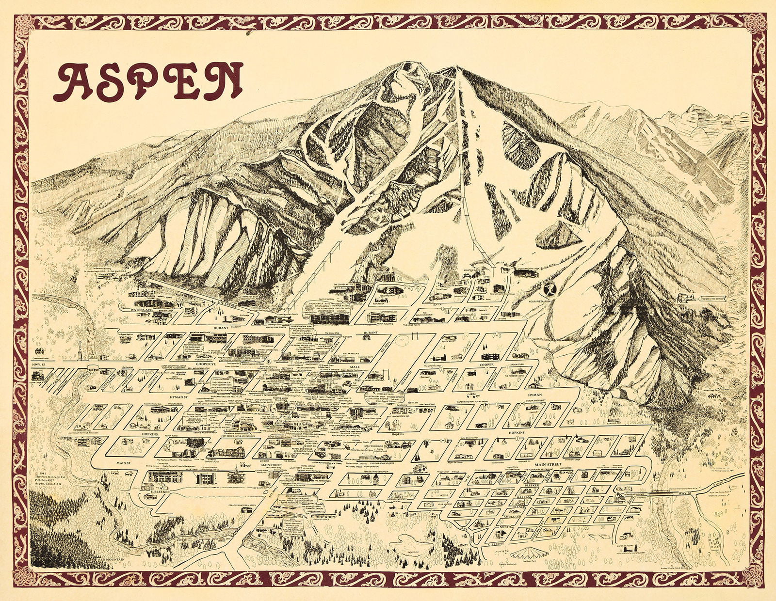 Chris King, Aspen. 1981.: Chris KingDates UnknownAspen. 1981.Condition A-: staining in margins and faint foxing in image.A map detailing many of the small businesses in Aspen the early 1980s. Chris King went to Aspen in the la