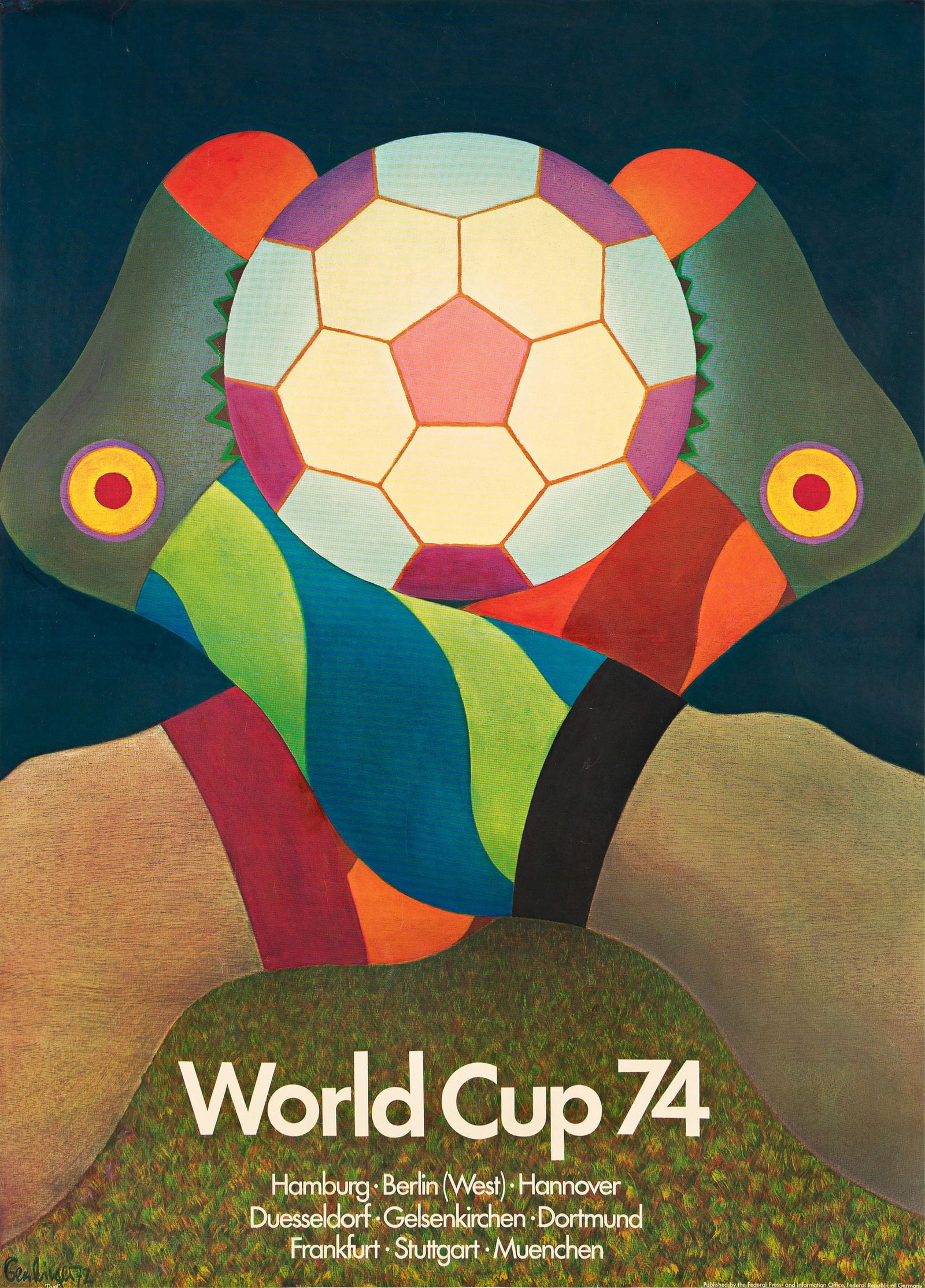 Fritz Genkinger, World Cup 74. 1974.: Fritz Genkinger1934-2017World Cup 74. 1974.Condition A- / B+: overpainting in corners; repaired tears; creases and abrasions at edges and horizontal fold.36¾x26½ inches, 93¼x67¼ cm