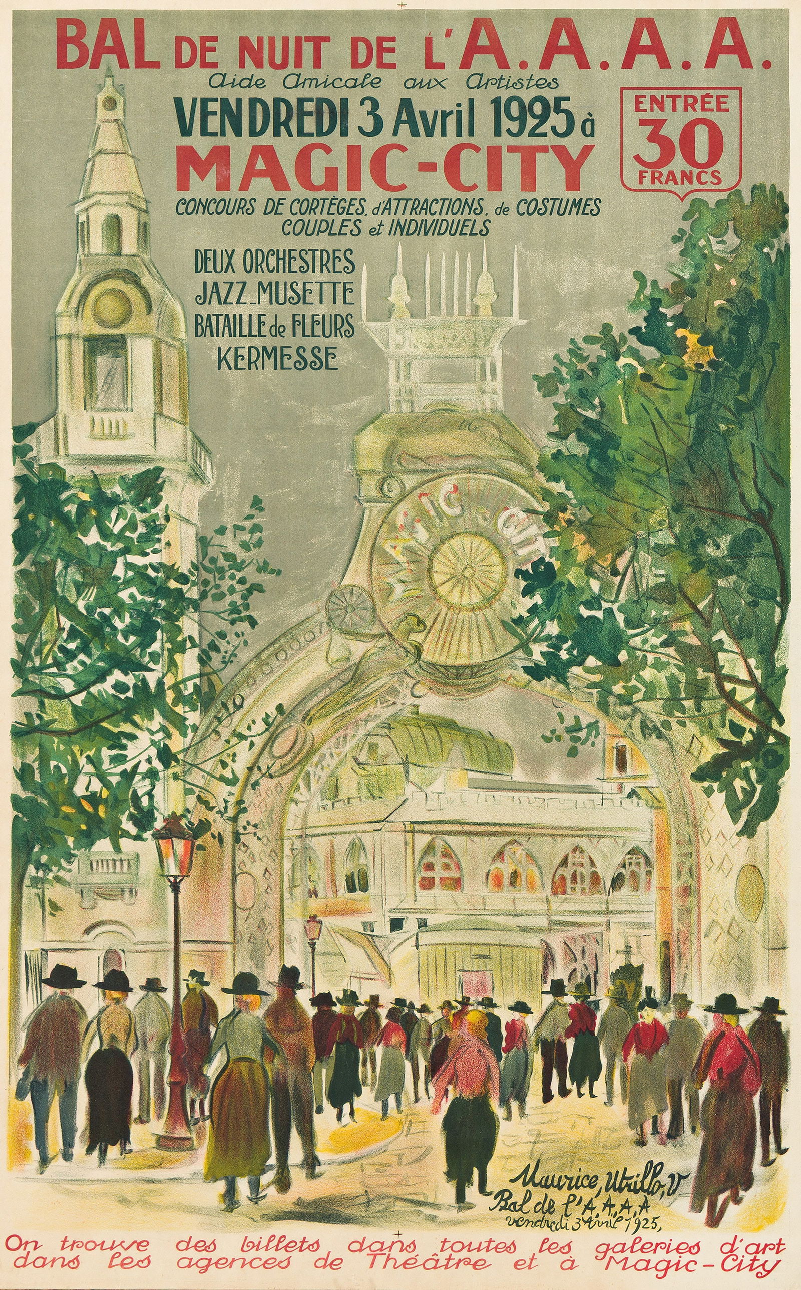 Maurice Utrillo, Bal de Nuit de L'A.A.A.A. / Magic - City. 1925.: Maurice Utrillo1883-1955Bal de Nuit de L'A.A.A.A. / Magic - City. 1925.Condition B+: repaired tears at edges, some into image; minor creases in margins; minor foxing at lower margin and image; slight