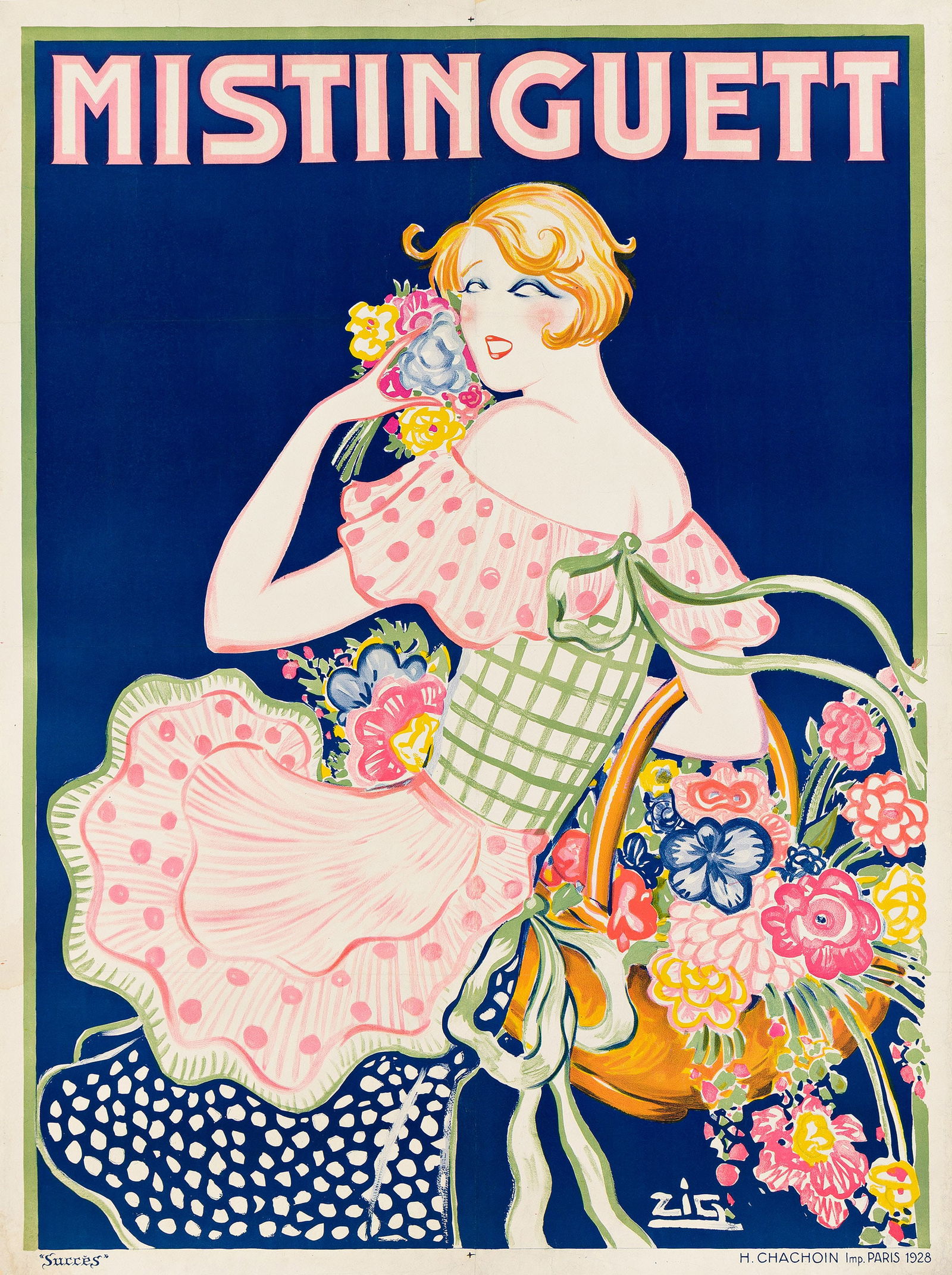 Zig (Louis Gaudin), Mistinguett. 1928.: Zig (Louis Gaudin)1882-1936Mistinguett. 1928.Condition B+: repaired tear, creases, abrasions and restoration in margins and image and along vertical and horizontal folds; small replaced losses at edge