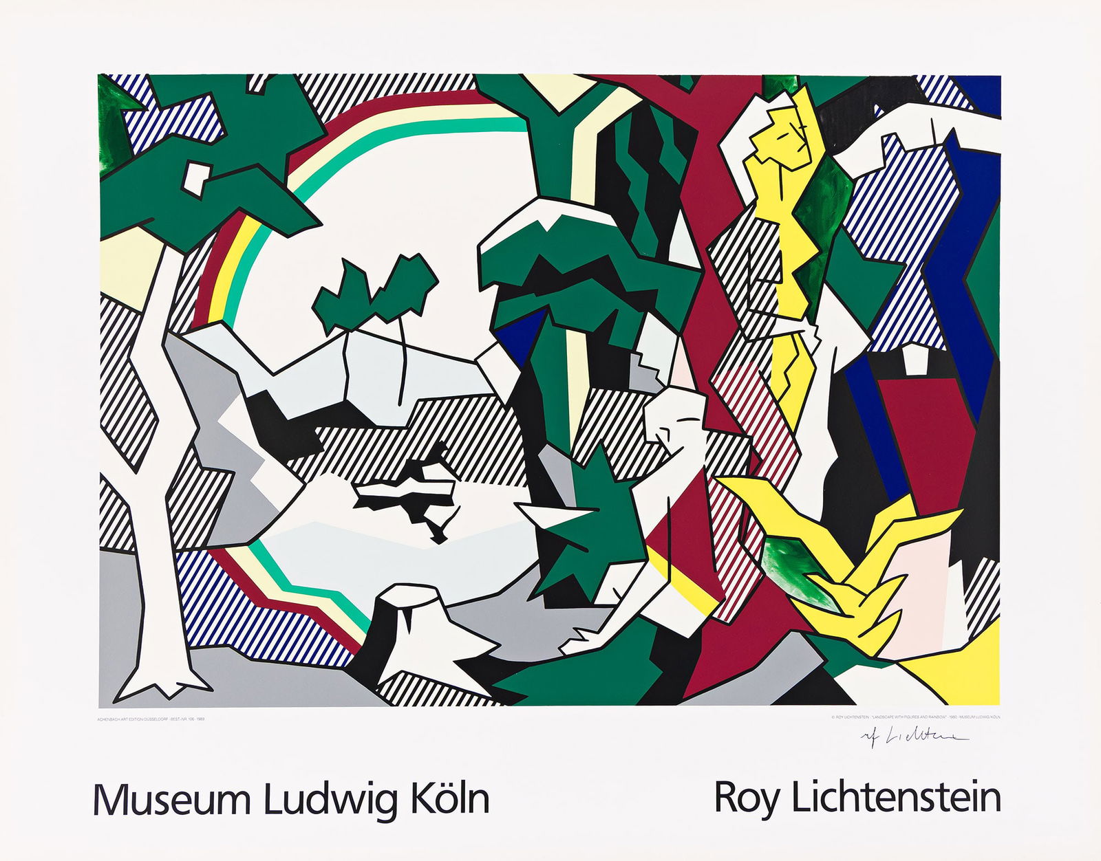 Roy Lichtenstein (d'Après), Landscape with Figures and Rainbow. 1989.: Roy Lichtenstein (d'Après)1923-1997Landscape with Figures and Rainbow. 1989.Condition A: minor abrasions at edges. Color screenprint on smooth wove paper.From an edition of 5000. Hand-signed by t