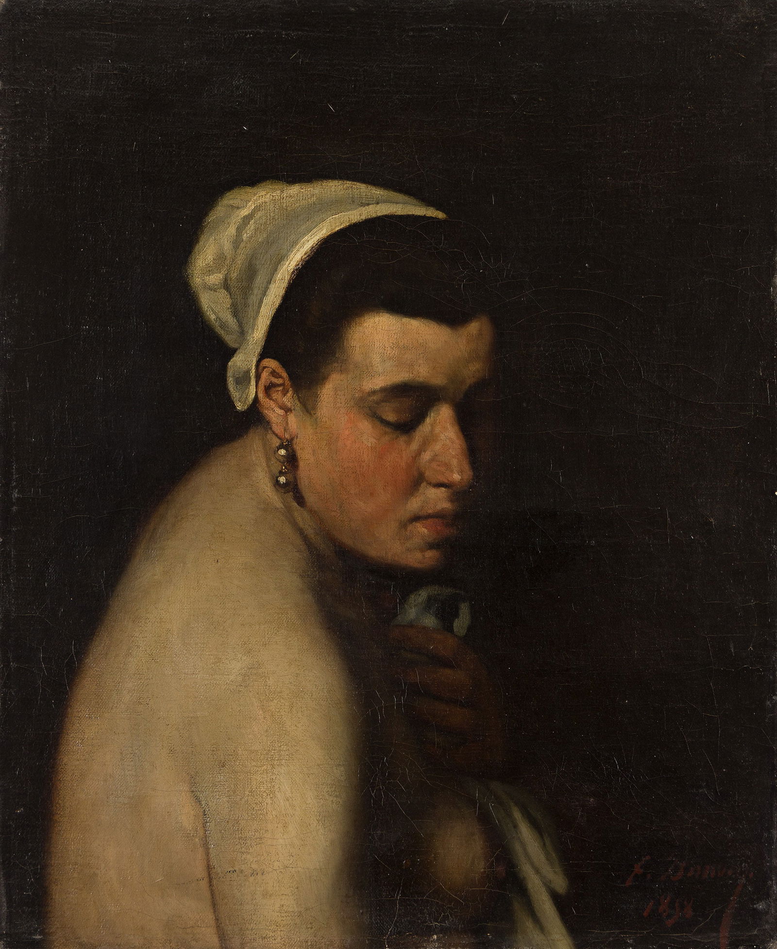 François Bonvin (1817-1887), Femme à la perle en toilette, 1858.: François Bonvin(1817-1887)Femme à la perle en toilette.Oil on canvas, 1858.Signed and dated lower right.24 x 19 7/8 in. (61 x 50.5 cm.)Frame: 29 1/2 x 25 x 2 1/2 in. (74.9 x 63.5 x 6.4 cm.)