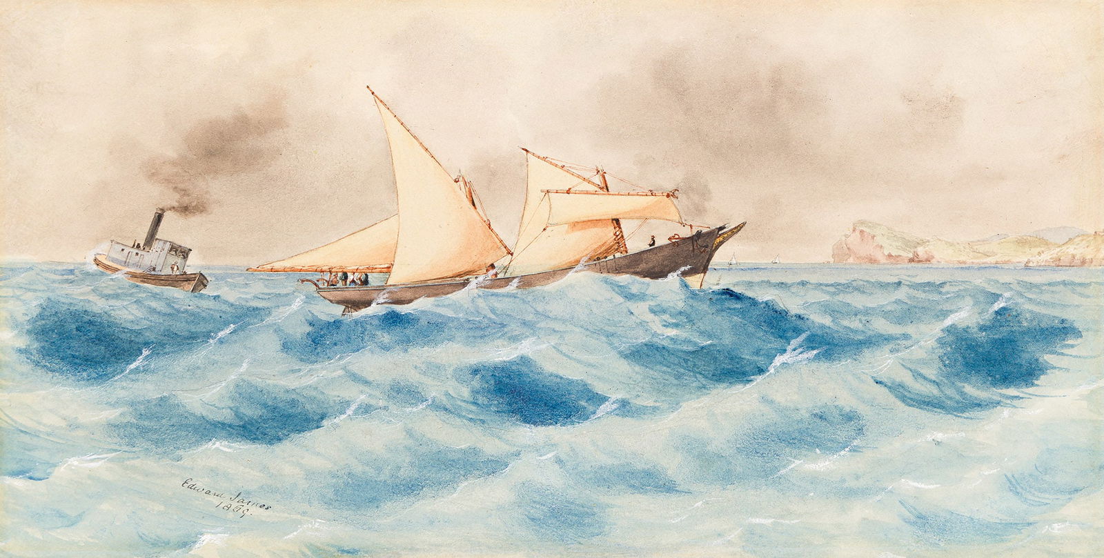 Edward James (1820-1877), Schooner Laura A. Dodd entering Georgetown, Bermuda, June 12, 1869.: Edward James(1820-1877)Schooner Laura A. Dodd entering Georgetown, Bermuda, June 12, 1869.Watercolor and ink with gouache heightening on wove paper, 1869.Signed and dated in ink, lower left.6 x 11 7/8