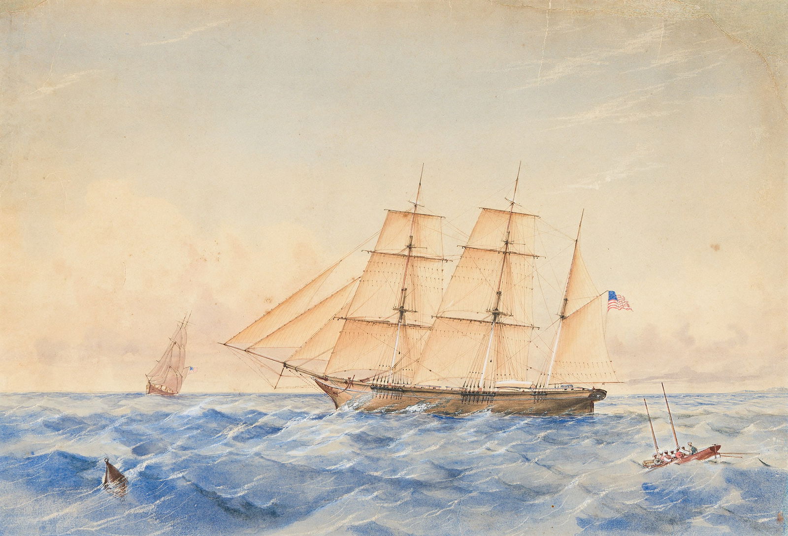 Edward James (1820-1877), Clipper Ship.: Edward James(1820-1877)Clipper Ship.Watercolor, ink and gouache on wove paper.12 3/4 x 18 3/4 in. (32.5 x 47.6 cm.)Frame: 20 1/4 x 26 in. (51.4 x 66 cm.) Provenance:Collection of Philip T.