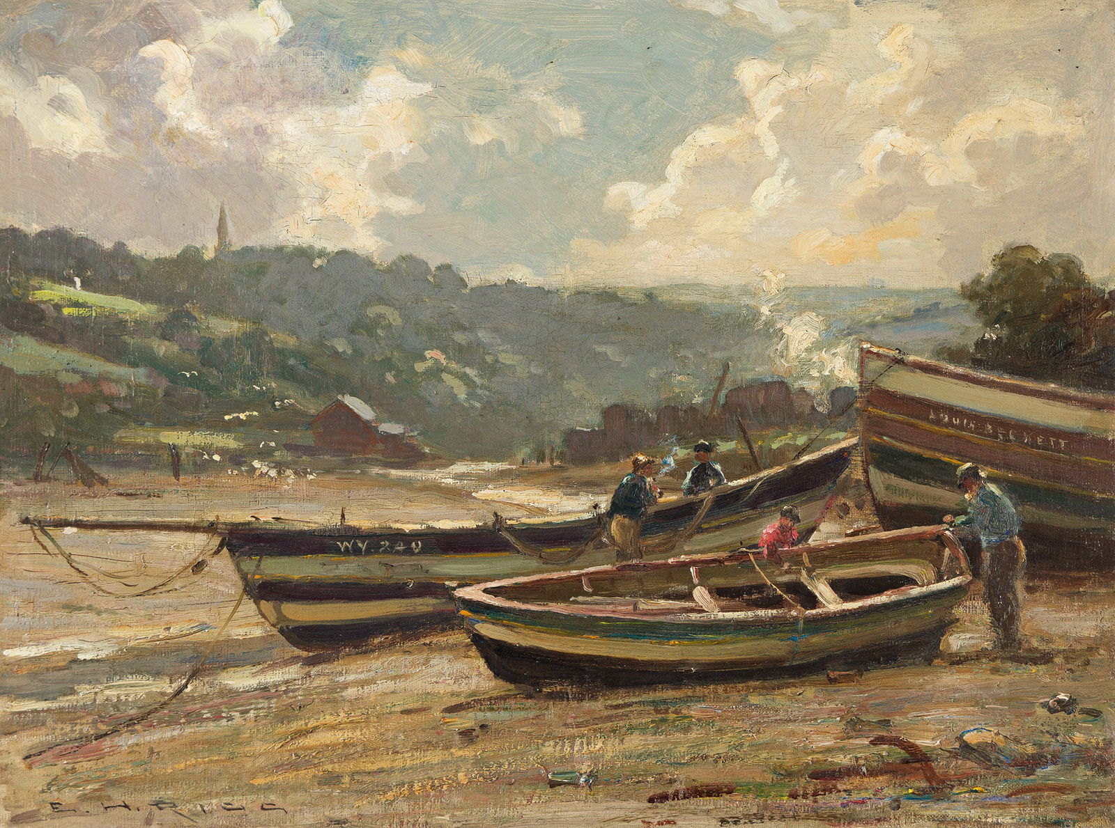 Ernest Higgins Rigg (1868-1947), Mending Boats.: Ernest Higgins Rigg(1868-1947)Mending Boats.Oil on canvas board.Signed lower left.11 3/8 x 15 1/4 in. (28.9 x 38.7 cm.)Frame: 13 1/4 x 17 1/8 in. (33.7 x 43.5 cm.) Provenance:Private