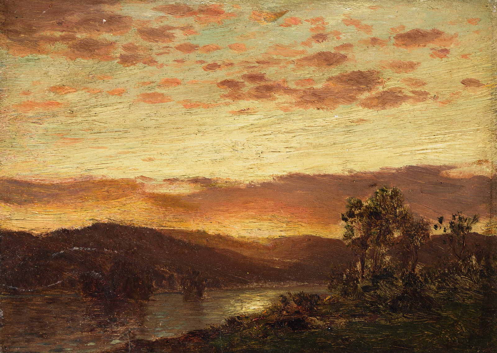 Samuel Colman (1832-1920), Landscape, Sunset.: Samuel Colman(1832-1920)Landscape, Sunset.Oil on paper mounted to board.5 3/8 x 7 1/2 in. (13.7 x 19.1 cm.)Frame: 11 1/2 x 13 1/2 in. (29.2 x 34.3 cm.) Provenance:Private collection, New Y