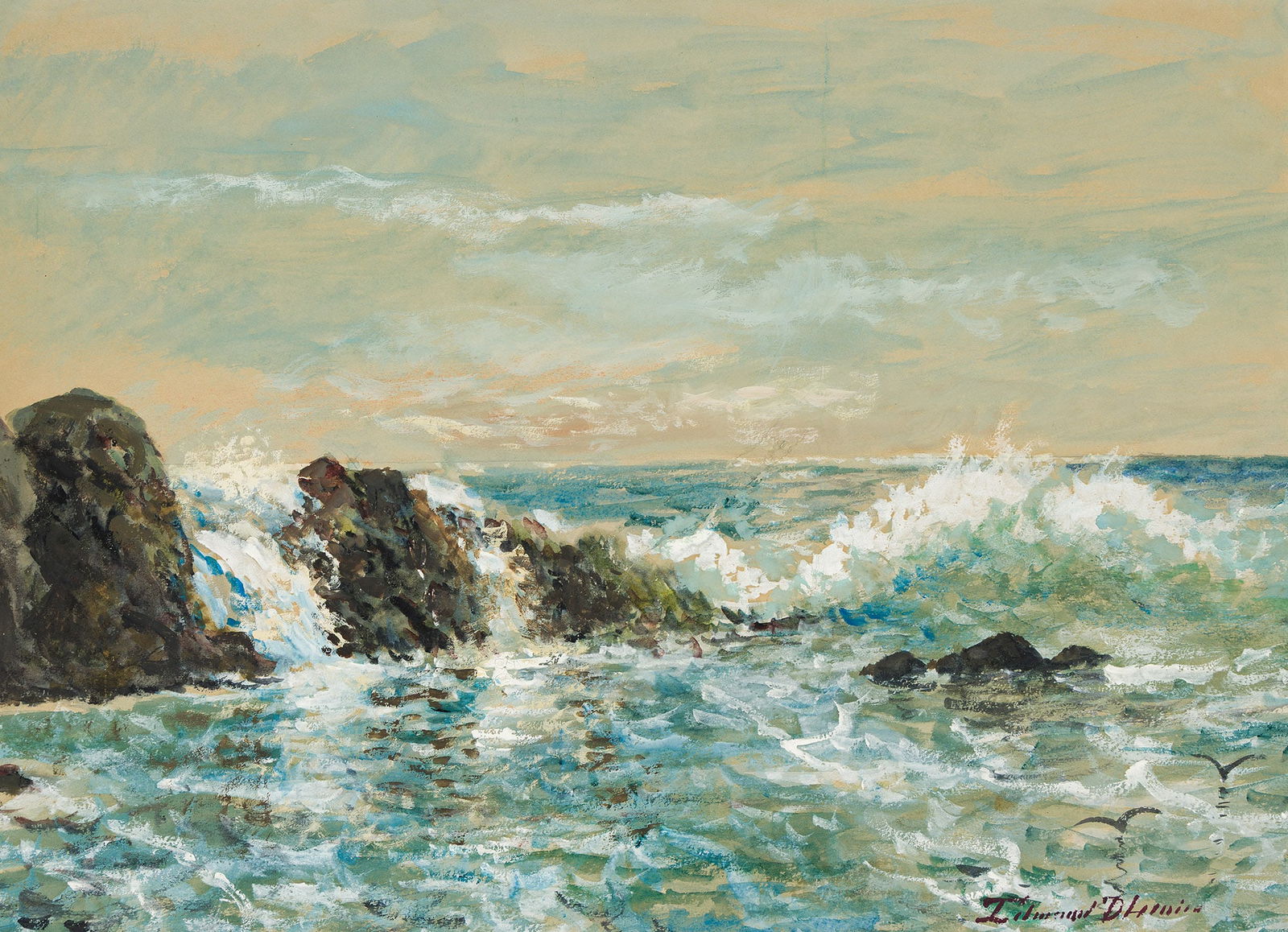 Edmund Darch Lewis (1835-1910), Seascape, circa 1900.: Edmund Darch Lewis(1835-1910)Seascape.Gouache on paper, circa 1900.Signed lower right.18 1/4 x 24 1/8 in. (46 x 61.5 cm.)Frame: 26 x 32 in. (66 x 81.3 cm.) Provenance:Private collect