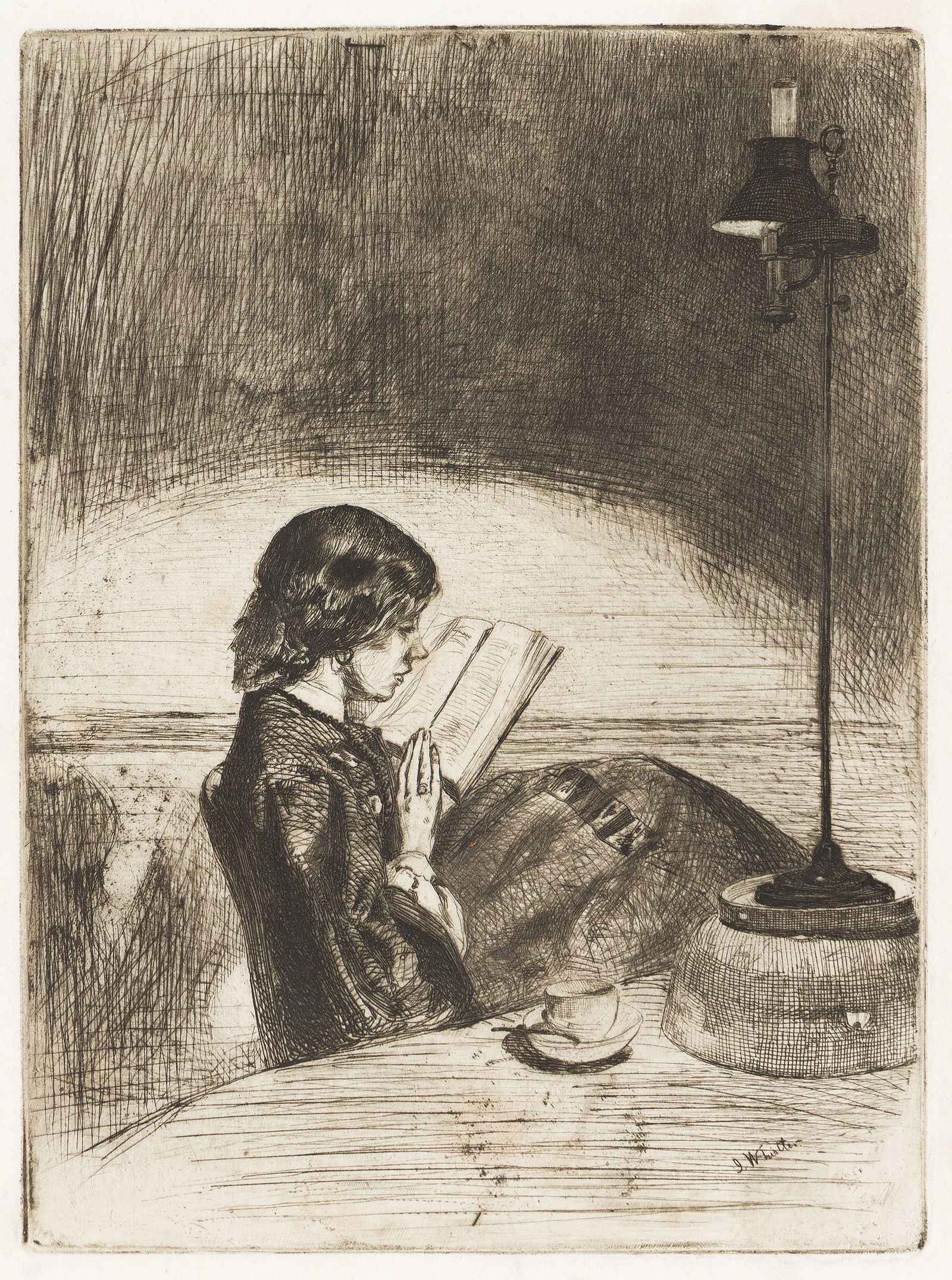 James Abbott McNeill Whistler, (1834-1903), Reading by Lamplight, 1859.: James Abbott McNeill Whistler(1834-1903)Reading by Lamplight.Etching and drypoint on antique laid paper, 1859.MacDonald's third state (of 3). Kennedy 32; Glasgow 37.Plate: 6 1/4 x 4 5/8 in. (15.9 x 11