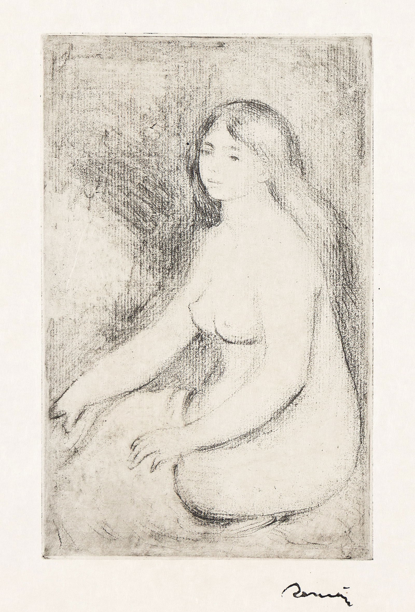 Pierre-Auguste Renoir (1841-1919), Baigneuse assise, circa 1897.: Pierre-Auguste Renoir(1841-1919)Baigneuse assise.Soft-ground etching printed in black on Japan paper, circa 1897.The deluxe edition of 100 on Japan paper. With the artist's ink stamp signature (Lugt 2