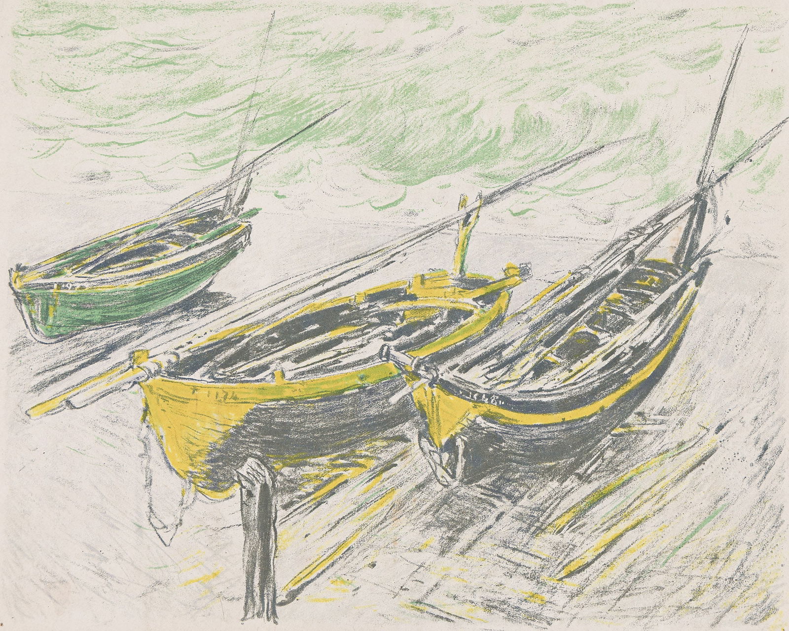 Claude Monet (1840-1926) & George W. Thornley (1857-1935), Trois Barques sur la Grève. (1 of 1)