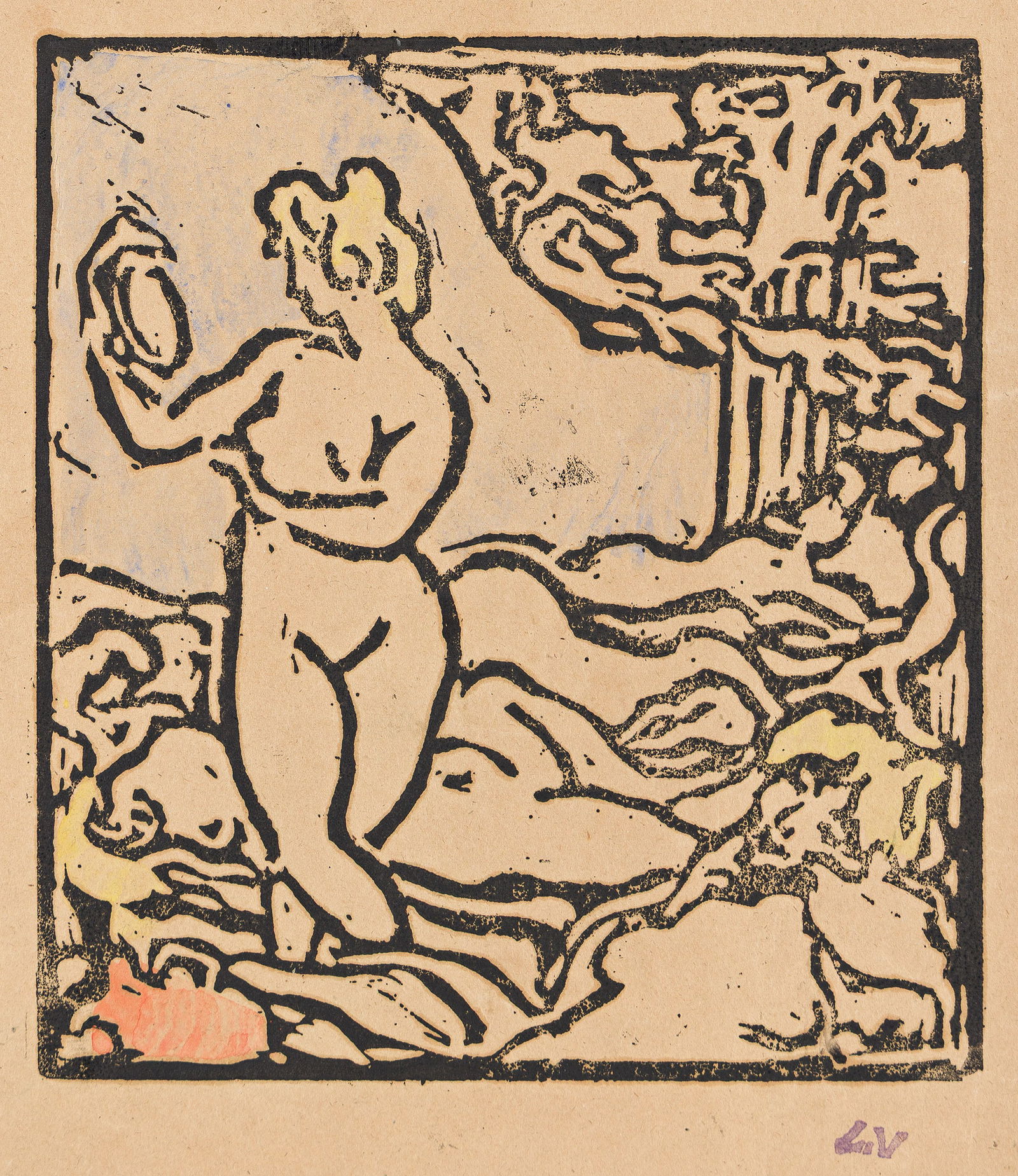 Louis Valtat (1869-1952), Nu debout, 1903-05.: Louis Valtat(1869-1952)Nu debout.Woodcut with hand coloring in watercolor on tan wove paper, 1903-05.With the artist's initial ink stamp (Lugt 1771 bis, lower right).Image: 7 1/4 x 6 5/8 in. (18.4 x 1