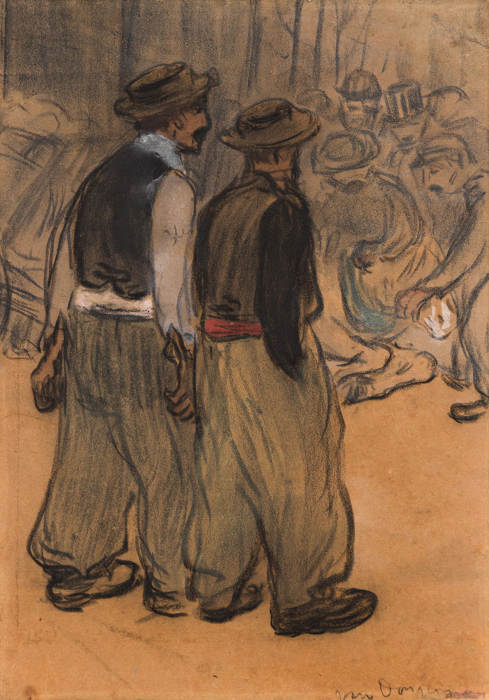 Kees van Dongen, (1877-1968), Le Marché aux Chevaux, circa 1902.: Kees van Dongen(1877-1968)Le Marché aux Chevaux.Charcoal and pastel on tan wove paper, circa 1902.Signed in charcoal, lower right.15 1/2 x 10 3/4 in. (39.4 x 27.3 cm.) Provenance:Gale