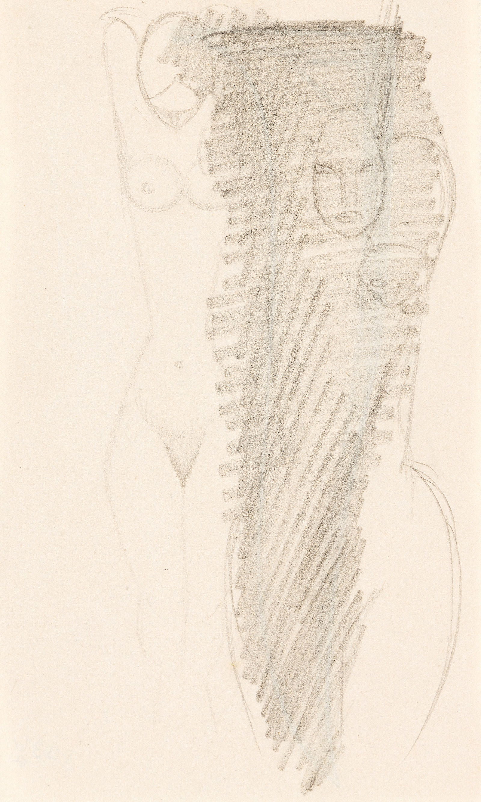Henri Gaudier Brzeska (1891-1915), Study for a Sculpture: Nude with Cat on Shoulder.: Henri Gaudier Brzeska(1891-1915)Study for a Sculpture: Nude with Cat on Shoulder.Pencil and colored pencil on thin cream wove paper.With a pencil sketch of an ornamental element, verso.8 x 5 in. (20.3