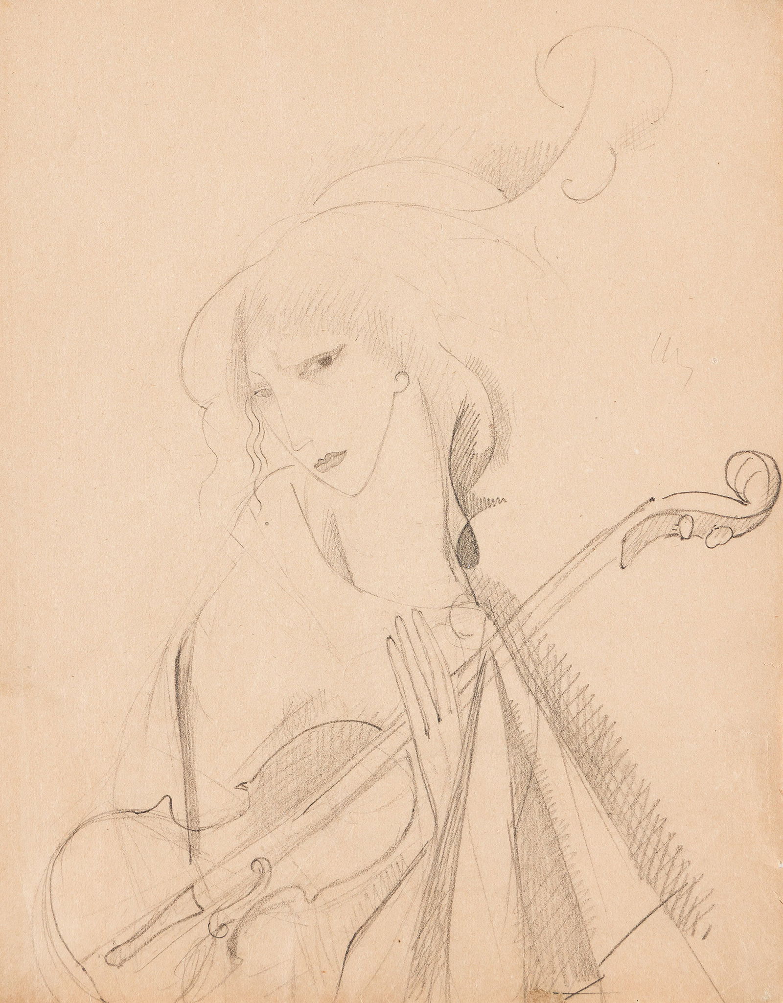 Marie Laurencin (1883-1956), Jeune fille au violon, circa 1913.: Marie Laurencin(1883-1956)Jeune fille au violon.Pencil on tan wove paper, circa 1913.10 1/8 x 8 in. (25.6 x 20.2 cm.)Frame: 15 3/4 x 13 1/2 in. (40 x 34.3 cm.) Provenance:Hermann Haller, Z