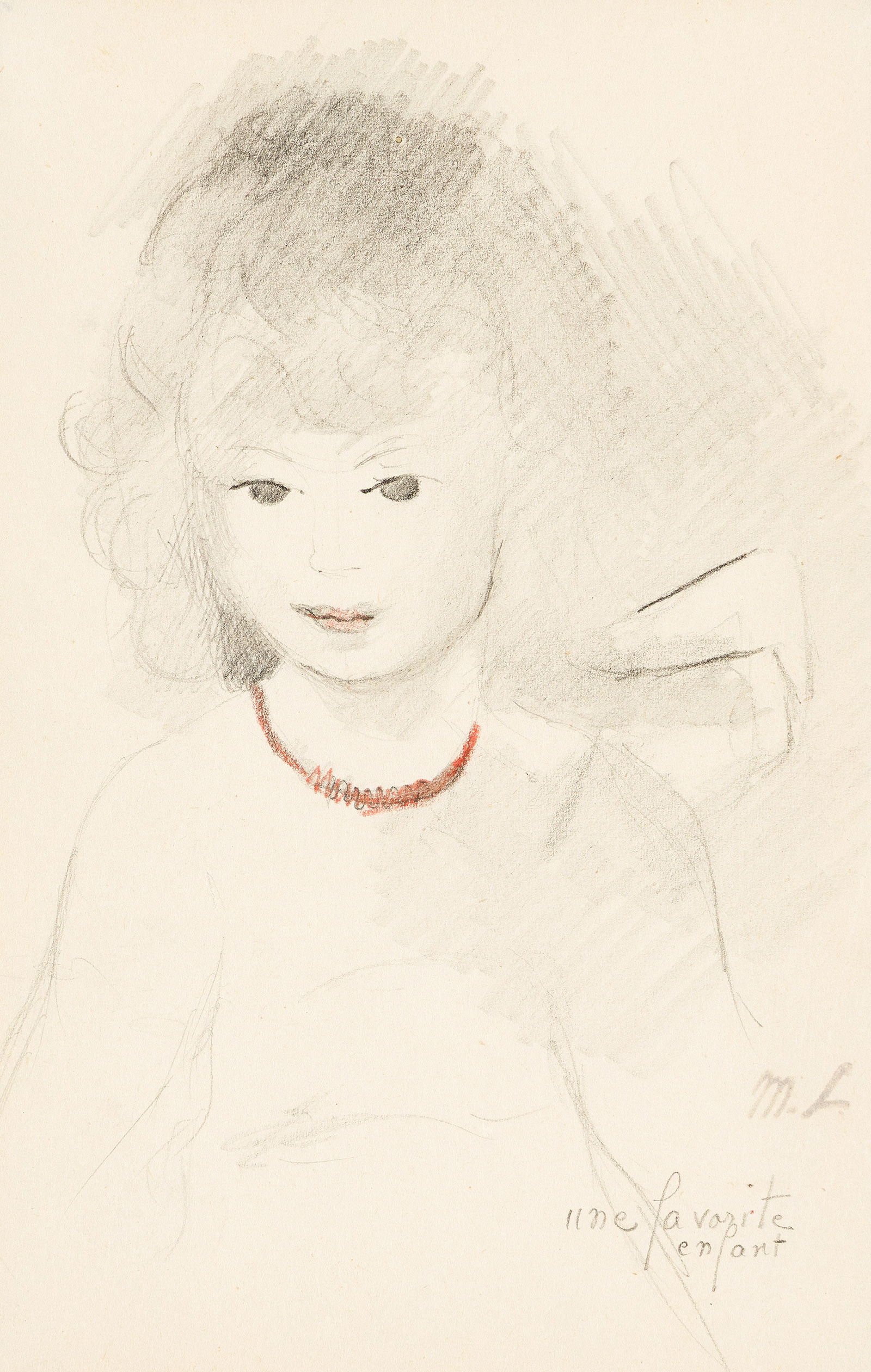 Marie Laurencin (1883-1956), Une favorite enfant.: Marie Laurencin(1883-1956)Une favorite enfant.Pencil and colored pencil on wove paper.Titled in pencil, lower right.8 1/4 x 5 1/4 in. (21 x 13.5 cm.)Frame: 14 1/2 x 12 1/2 in. (36.8 x 31.8 cm.)