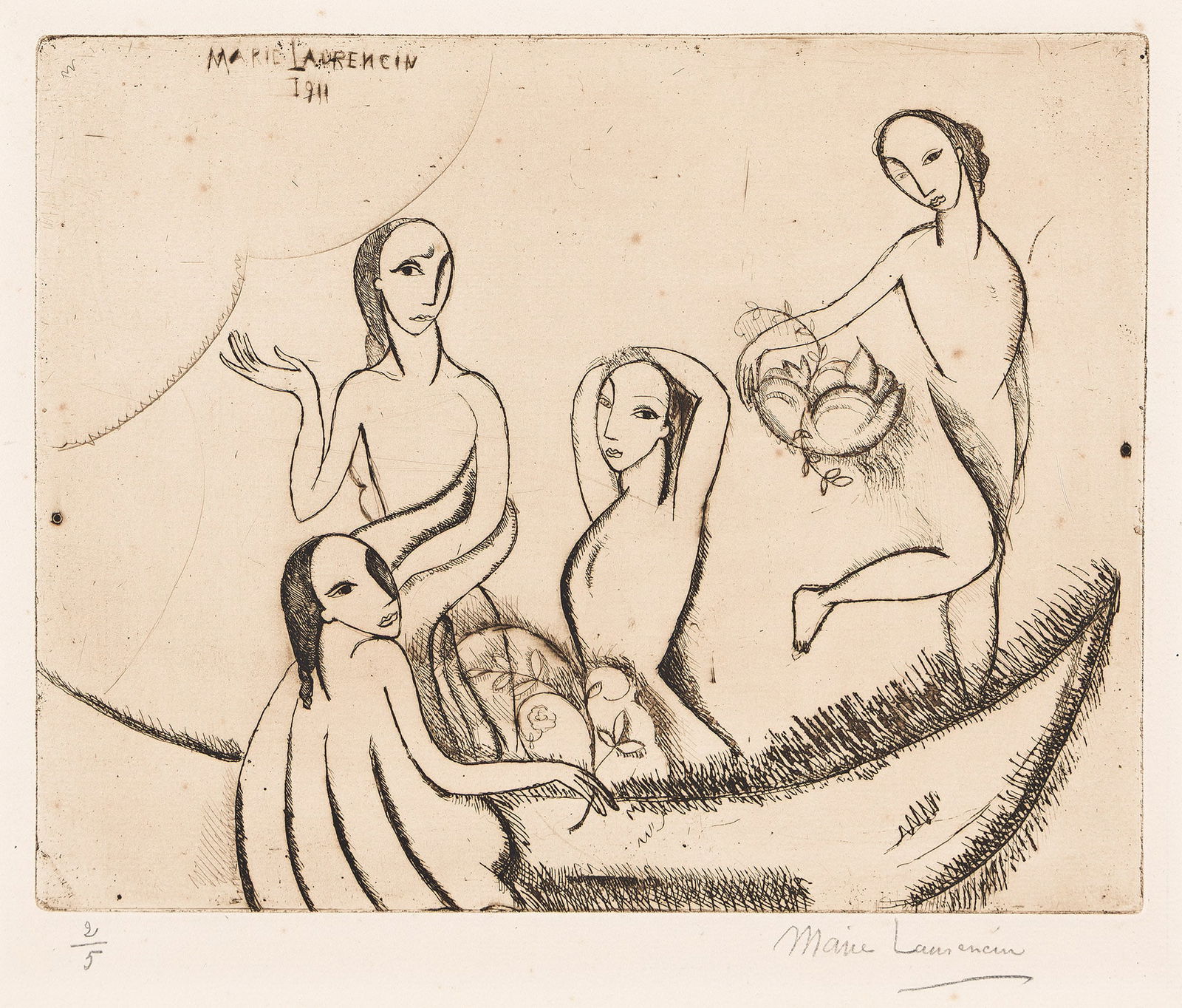 Marie Laurencin (1883-1956), Les Robinsonnes or La Barque, 1911.: Marie Laurencin(1883-1956)Les Robinsonnes or La Barque.Etching printed in black bistre, 1911.Second state (of 2). Edition of approximately 15. Signed and numbered 2/5 in pencil, lower margin. Publishe