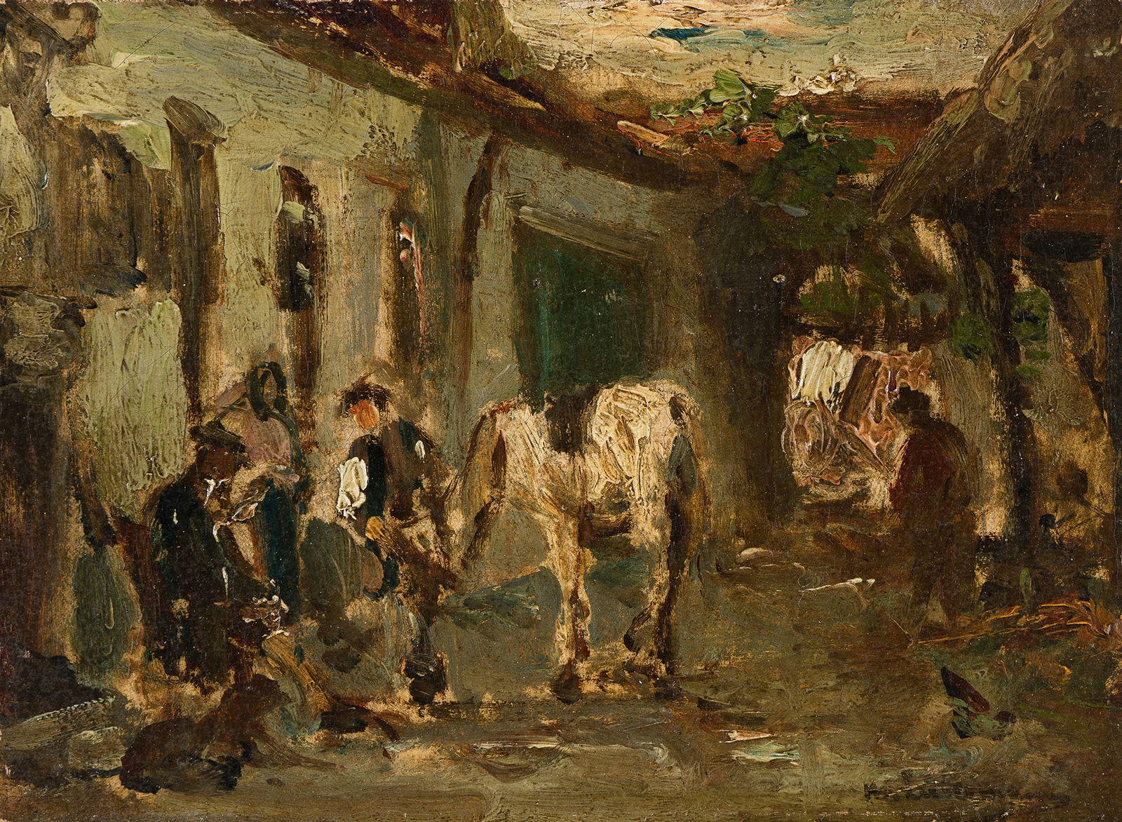 Max Liebermann (1847-1935), Bij de Hoefsmid (At the Blacksmith).: Max Liebermann(1847-1935)Bij de Hoefsmid (At the Blacksmith).Oil on board.Signed lower right.5 3/8 x 7 1/4 in. (13.7 x 18.5 cm.)Frame: 12 1/8 x 14 1/4 in. (30.8 x 36.2 cm.) Provenance: