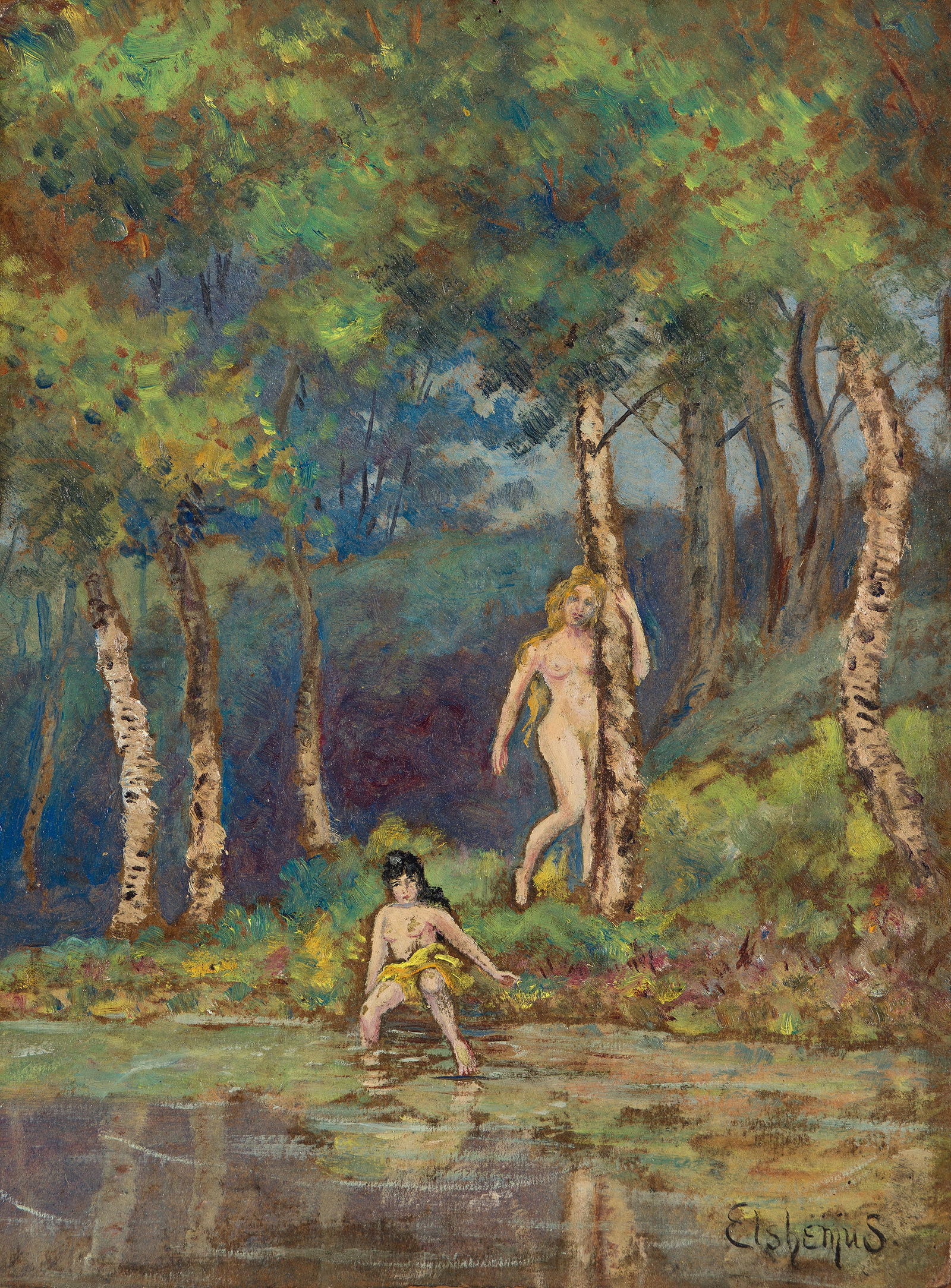 Louis Eilshemius (1864-1941), Two Nudes in a Glade, circa 1895.: Louis Eilshemius(1864-1941)Two Nudes in a Glade.Oil on board, circa 1895.Signed lower right.11.87 x 8 3/4 in. (30.3 x 22.2 cm.)Frame: 13 1/4 x 10 1/4 in. (33.7 x 26 cm.) Provenance:C