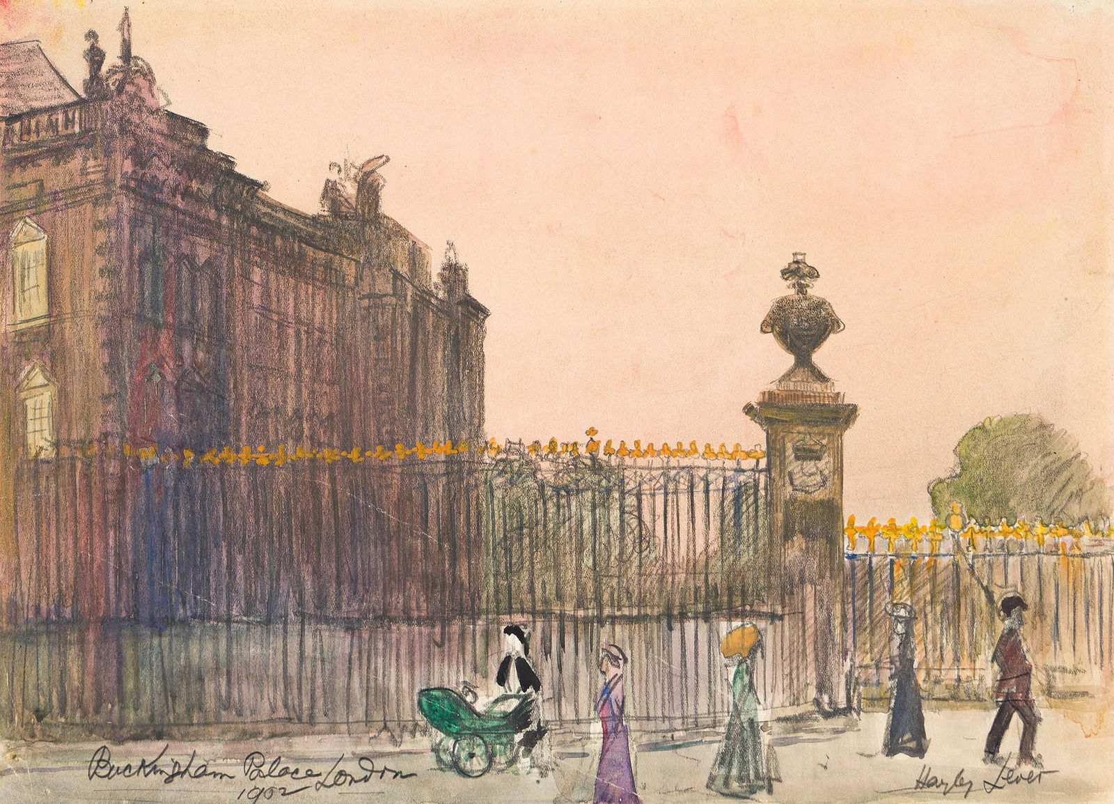 Hayley Lever (1876-1958), Buckingham Palace, London, 1902.: Hayley Lever(1876-1958)Buckingham Palace, London.Watercolor and pencil on cream wove paper, 1902.Signed, titled and dated in pencil, lower margin.9 3/4 x 13 1/2 in. (24.8 x 34.3 cm.)Frame: 15 1/2 x 18