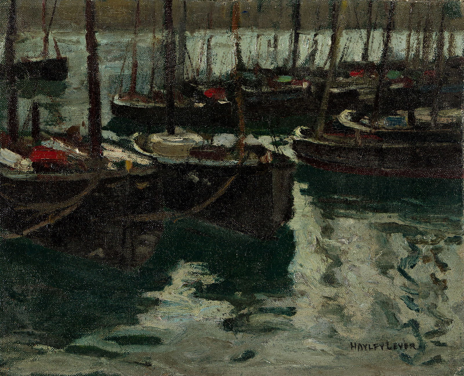 Hayley Lever (1876-1958), Clam Morning.: Hayley Lever(1876-1958)Clam Morning.Oil on canvas mounted on board.Signed lower right.12 3/8 x 15 in. (31.4 x 38.1 cm.)Frame: 15 5/8 x 15 in. (39.7 x 38.1 cm.) Provenance: Private co