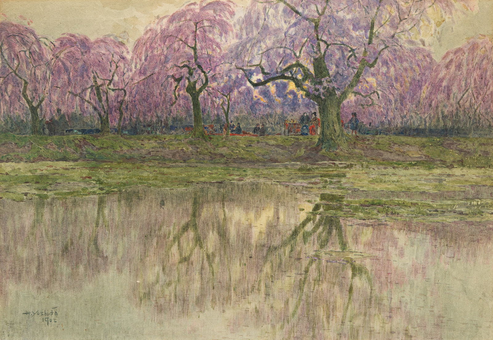 Hiroshi Yoshida (1876-1950), Wisteria Trees, Japan, 1902.: Hiroshi Yoshida(1876-1950)Wisteria Trees, Japan.Watercolor on paper mounted to card, 1902.Signed and dated lower left.18 1/4 x 26 1/2 in. (46.4 x 67.3 cm.)Frame: 25 x 32 3/4 in. (63.5 x 83.2 cm.)