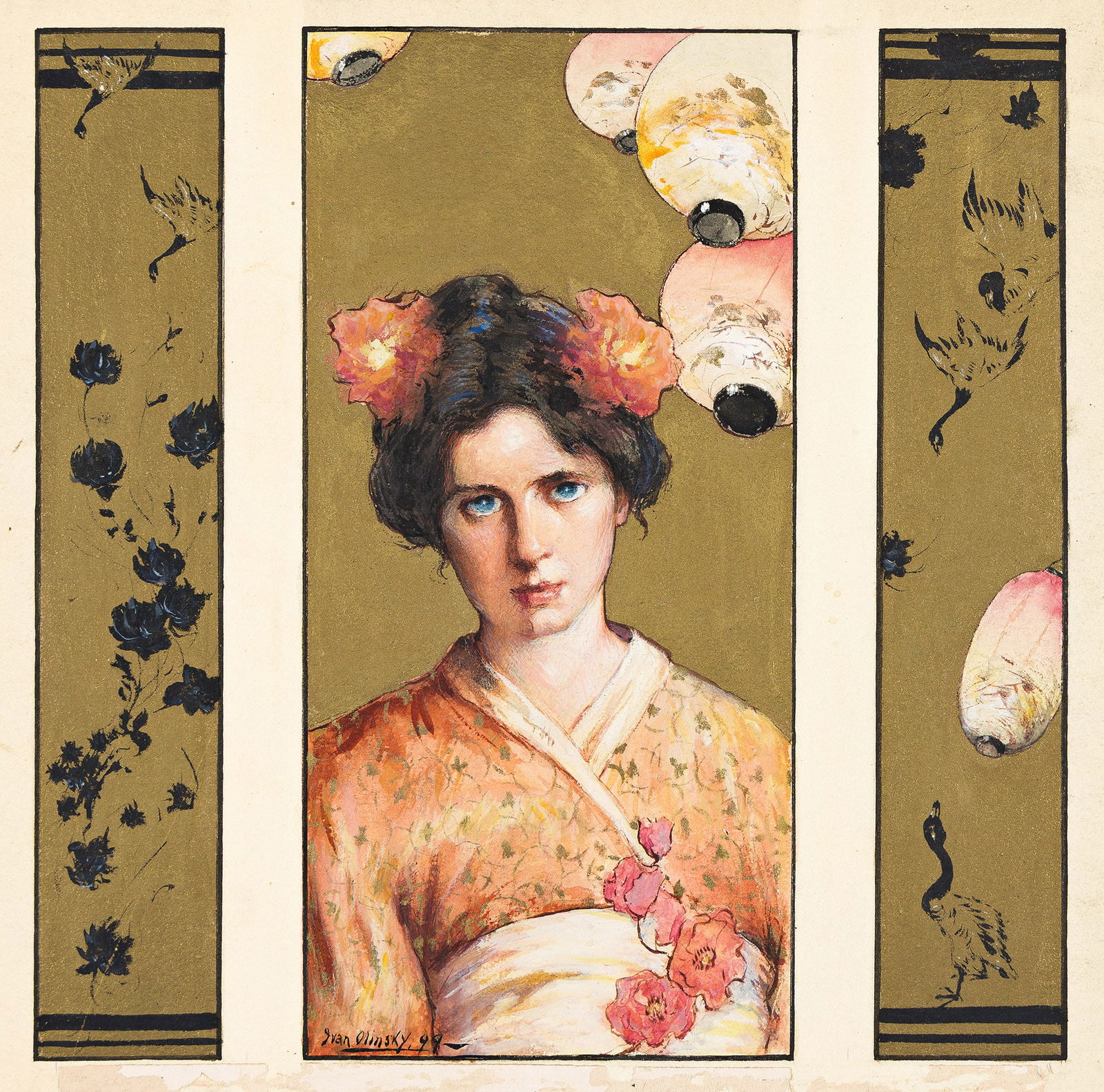 Ivan Gregorewitch Olinsky (1878-1962), Portrait of a Girl in Japanese Dress (Triptych), 1899.: Ivan Gregorewitch Olinsky(1878-1962)Portrait of a Girl in Japanese Dress (Triptych).Gouache, brush and ink and gold leaf on paper mounted to board, 1899.Signed and dated lower center.Overall: 10 5/8 x